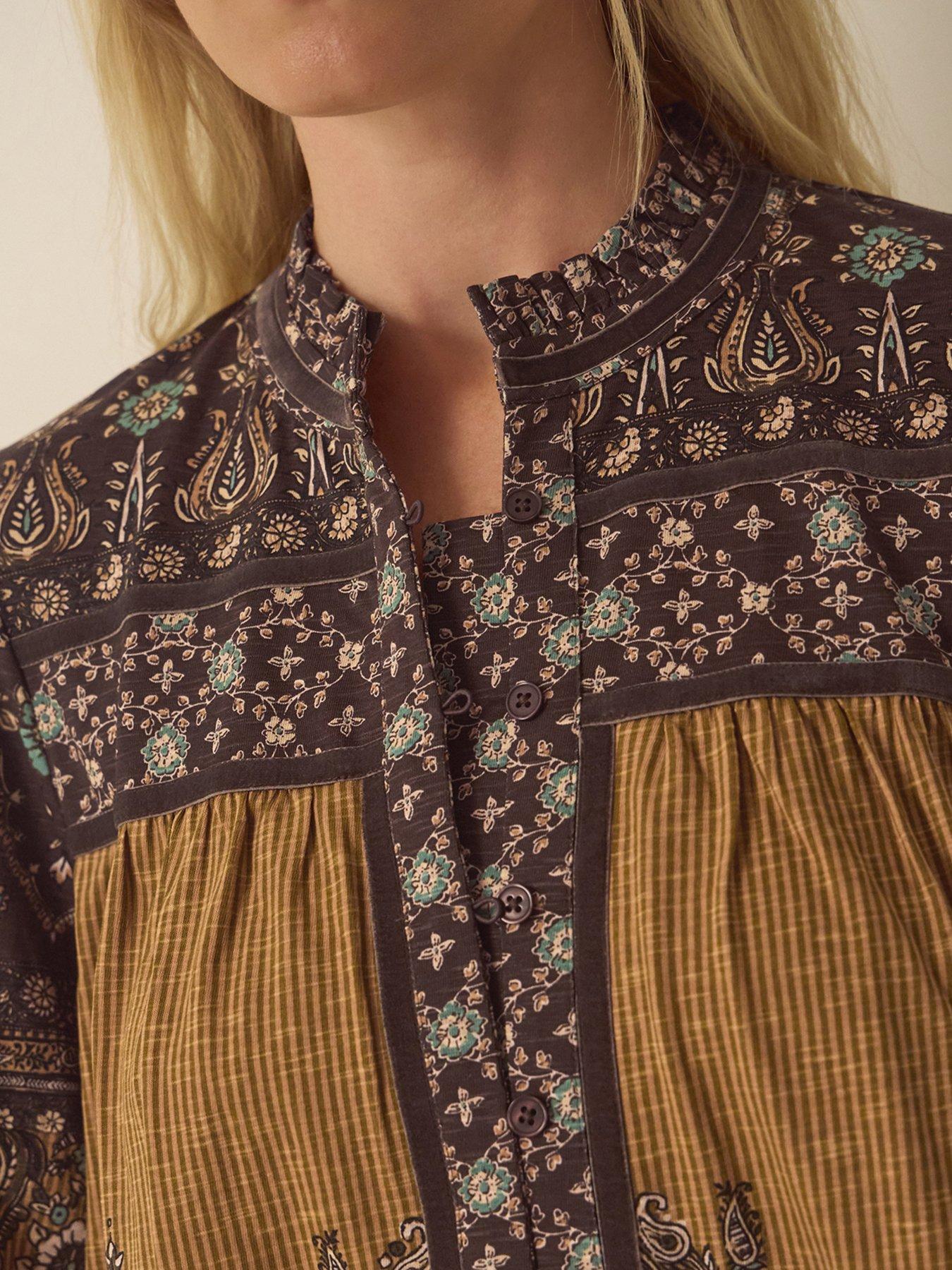 Image 5 of 6 of Monsoon Womens Mixed Print Button-Through Long Sleeve Blouse - Brown