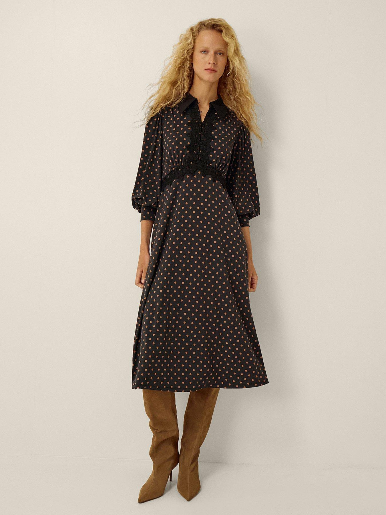 Monsoon Sally Lace Polka Dot Jersey Midi Dress - Black