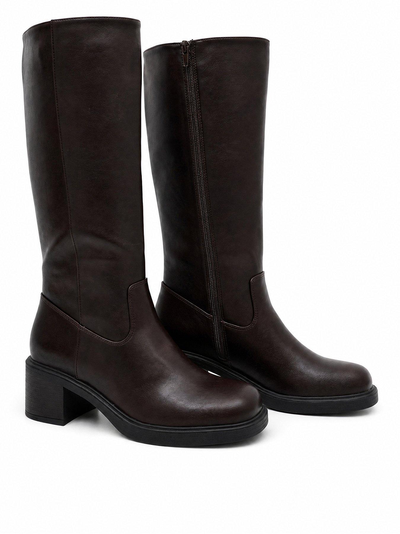 Image 1 of 4 of Glamorous Womens Pull-On Block Heel Knee Boots - Brown