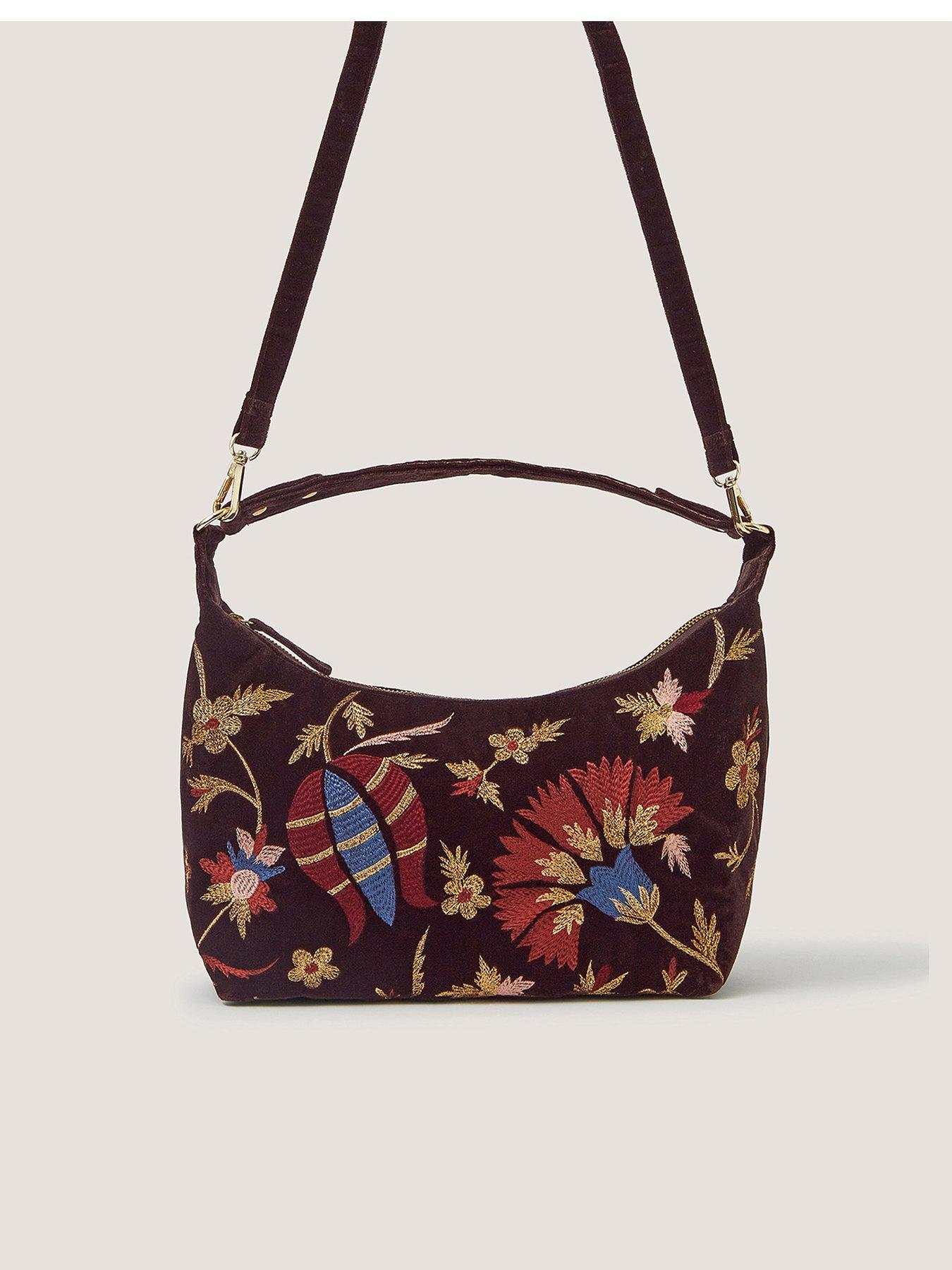 Monsoon Hatti Embroidered Velvet Slouchy Shoulder Bag - Brown