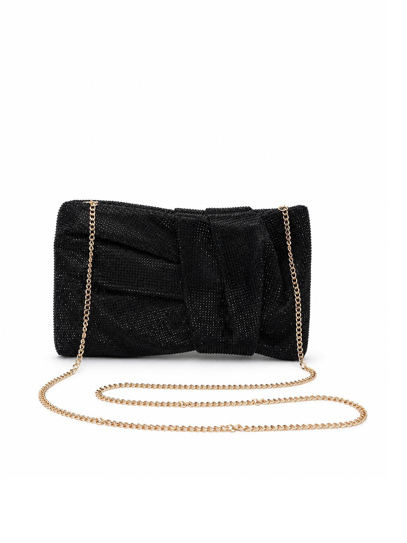 Image 1 of 5 of Glamorous Glamorous Diamante Gathered Chain Strap Clutch Bag - Black