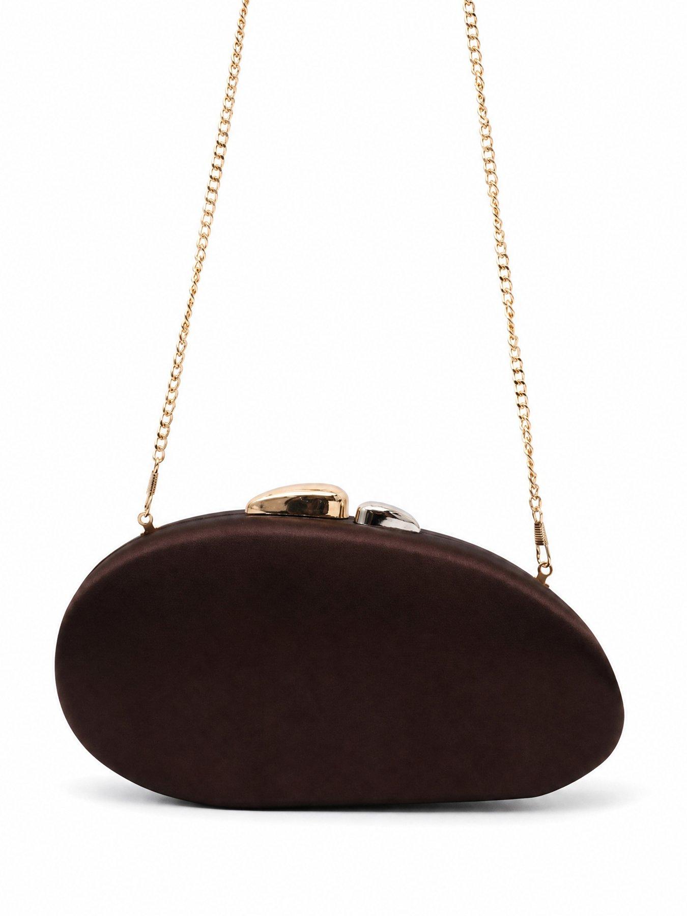 Image 2 of 5 of Glamorous Satin Oval Clutch Bag with Chain Shoulder Strap - Brown