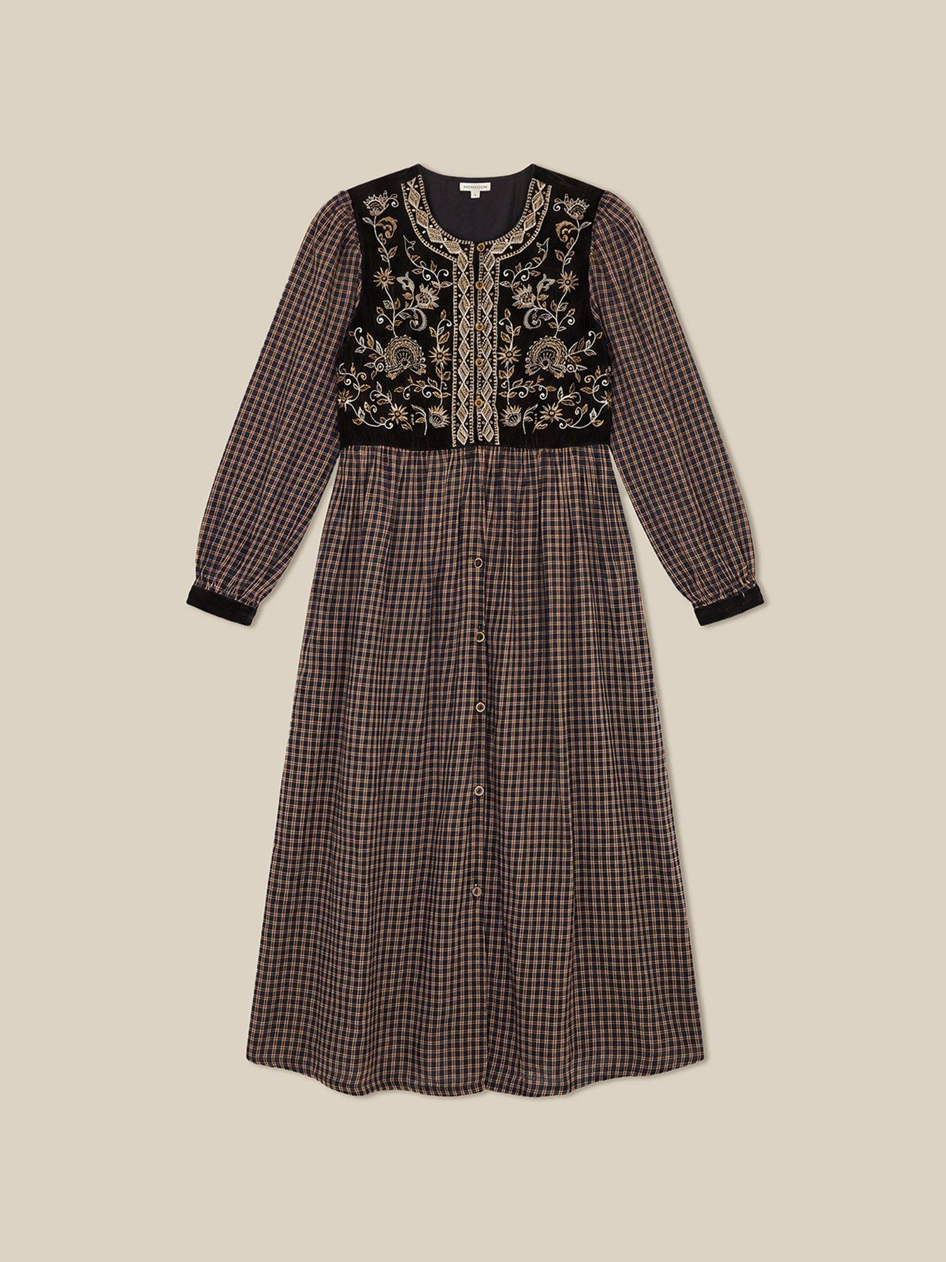 Image 5 of 5 of Monsoon Womens Embroidered Velvet Button-Through Midi Dress - Black