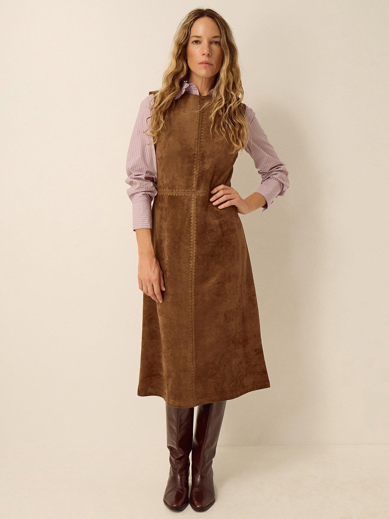 Image 1 of 5 of Monsoon Josie Sleeveless Faux Suede Midi Dress - Brown