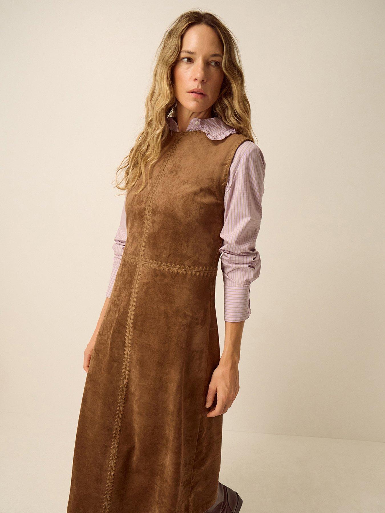 Image 3 of 5 of Monsoon Josie Sleeveless Faux Suede Midi Dress - Brown