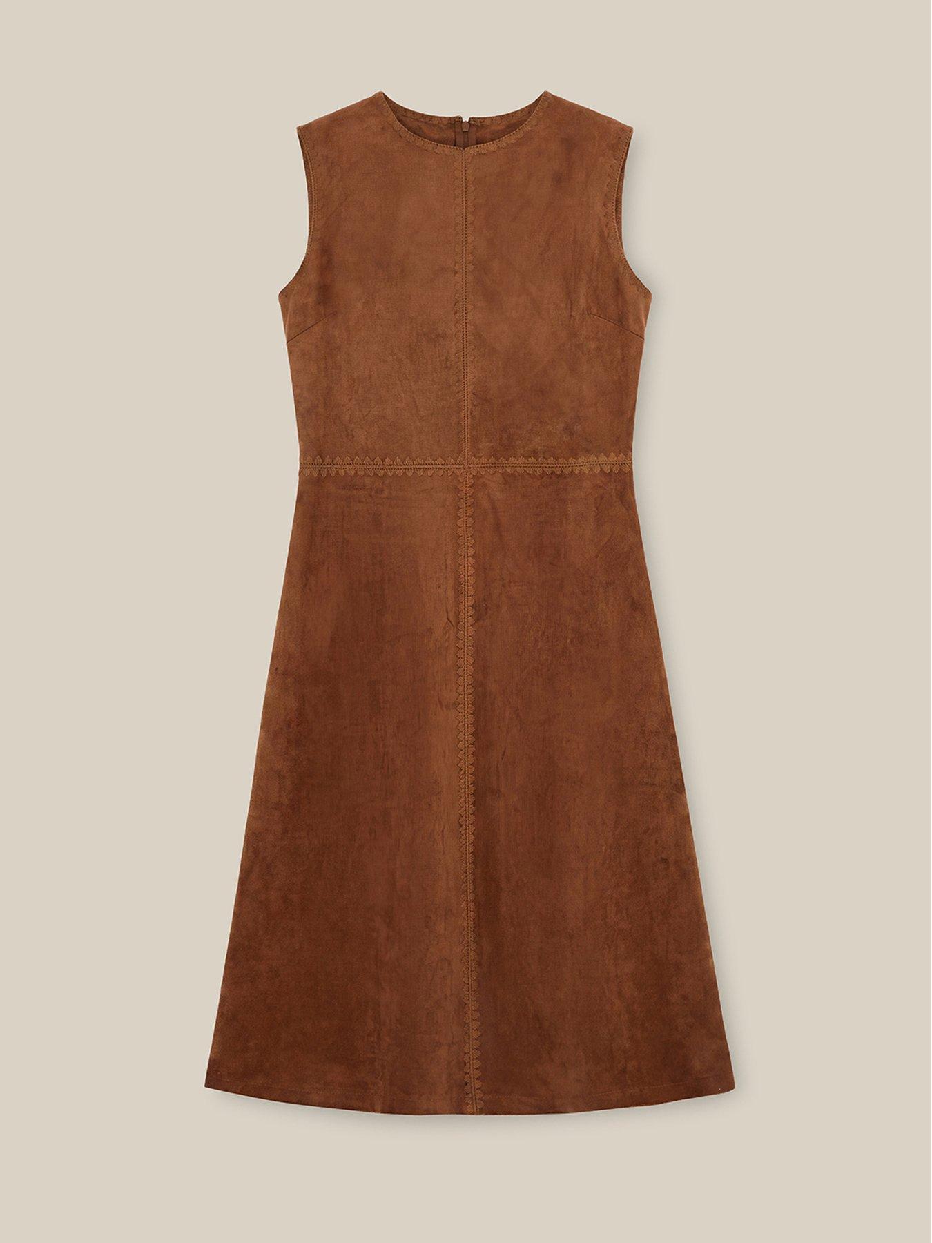 Image 5 of 5 of Monsoon Josie Sleeveless Faux Suede Midi Dress - Brown