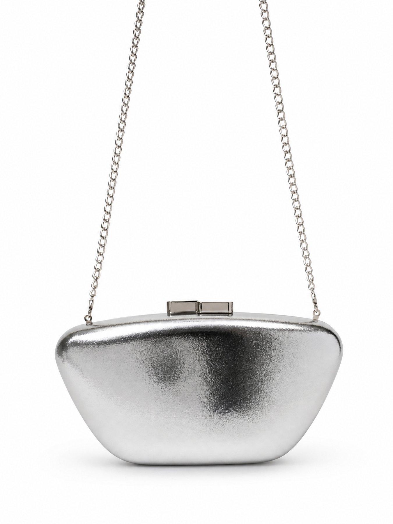 Image 2 of 5 of Glamorous Metallic Clutch Bag with Chain Shoulder Strap - Silver