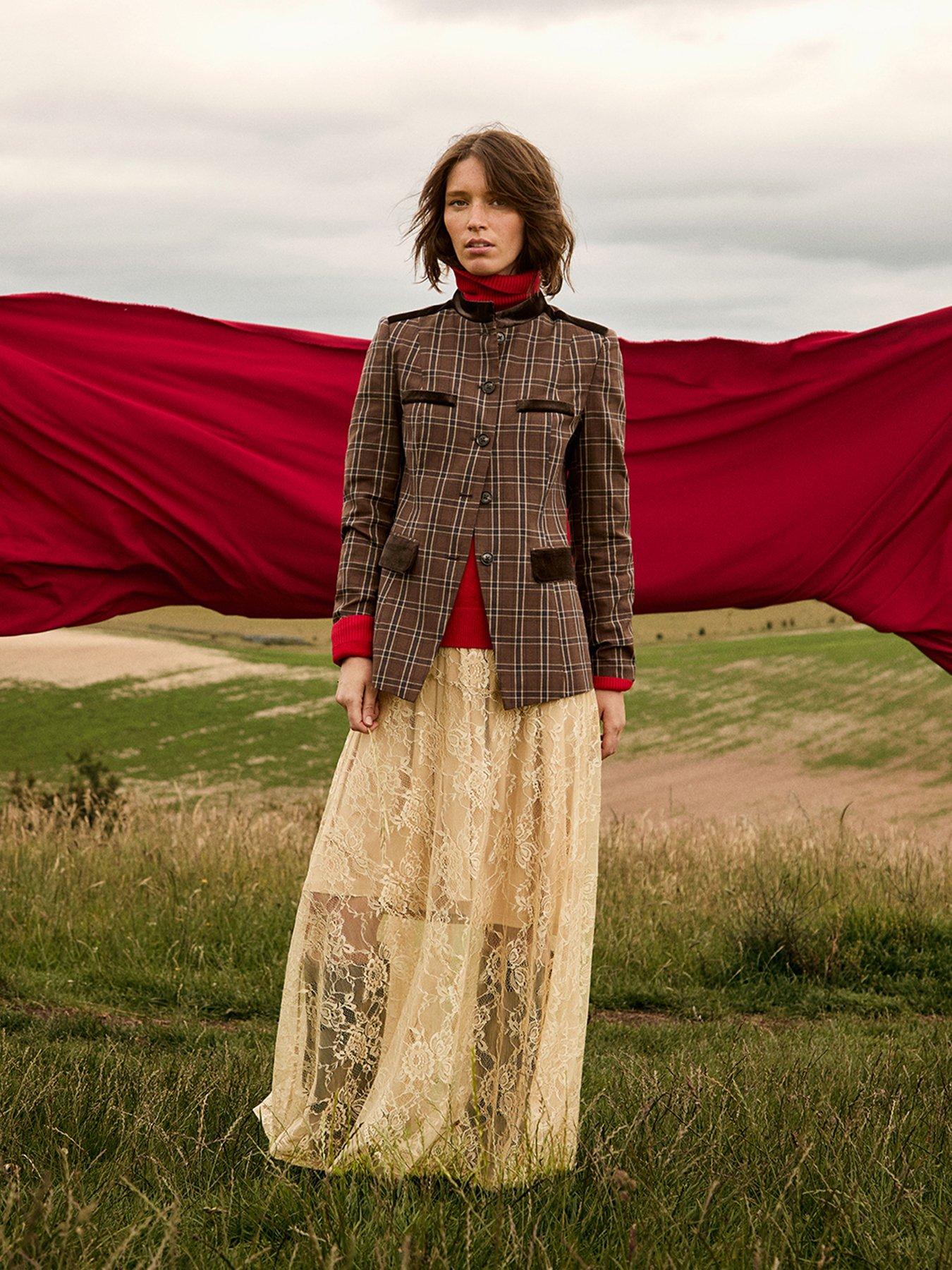 Image 1 of 6 of Monsoon Womens Gracie Checked Velvet-Trim Jacket - Brown
