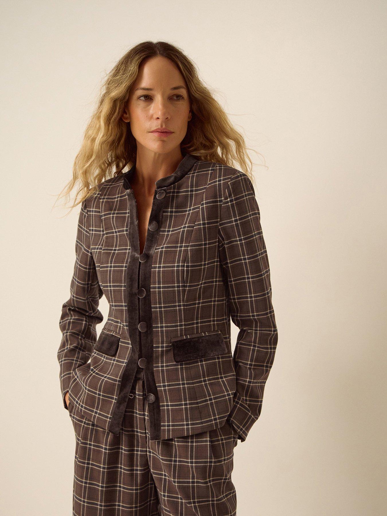 Image 2 of 6 of Monsoon Womens Gracie Checked Velvet-Trim Jacket - Brown