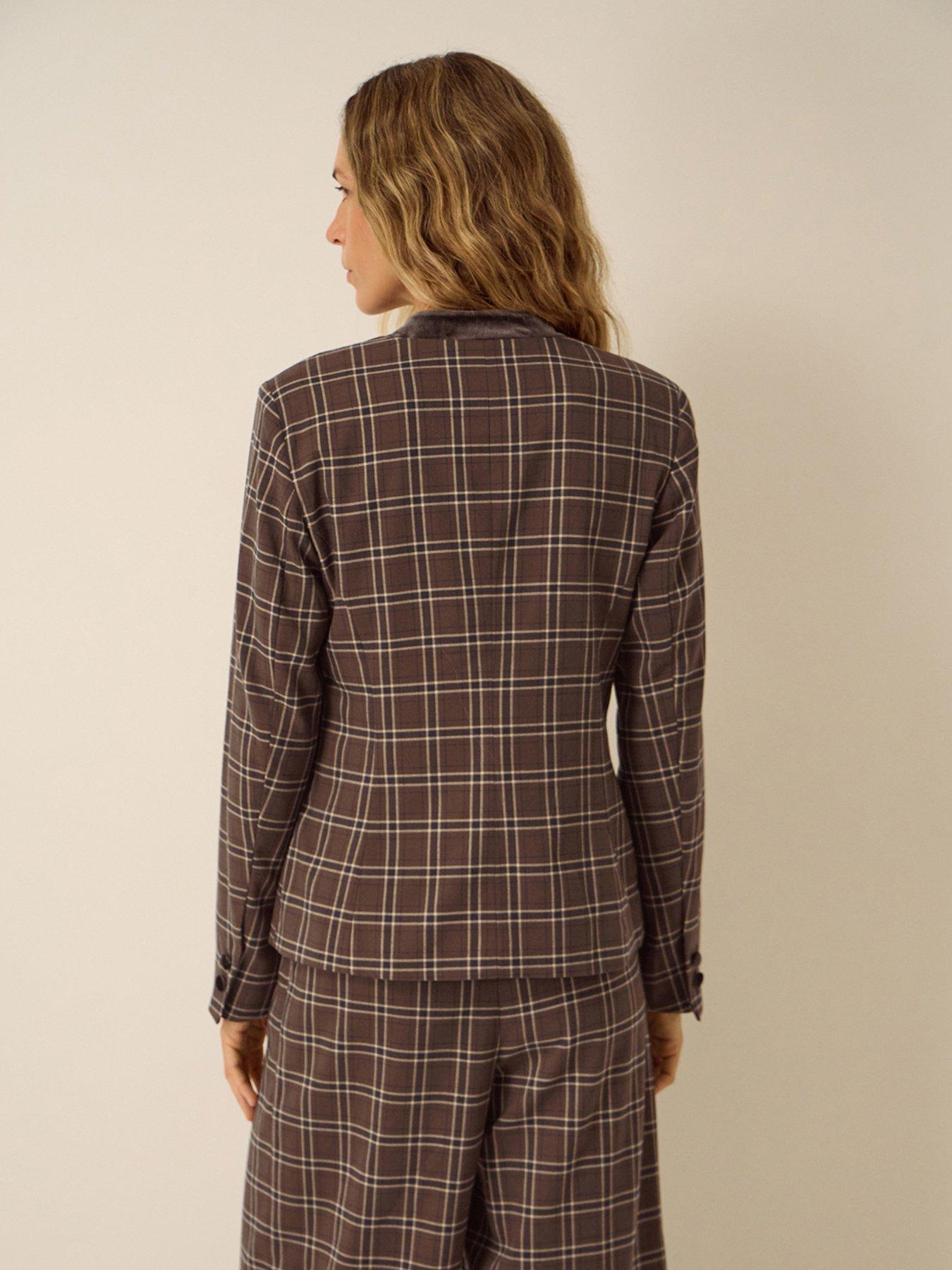 Image 3 of 6 of Monsoon Womens Gracie Checked Velvet-Trim Jacket - Brown