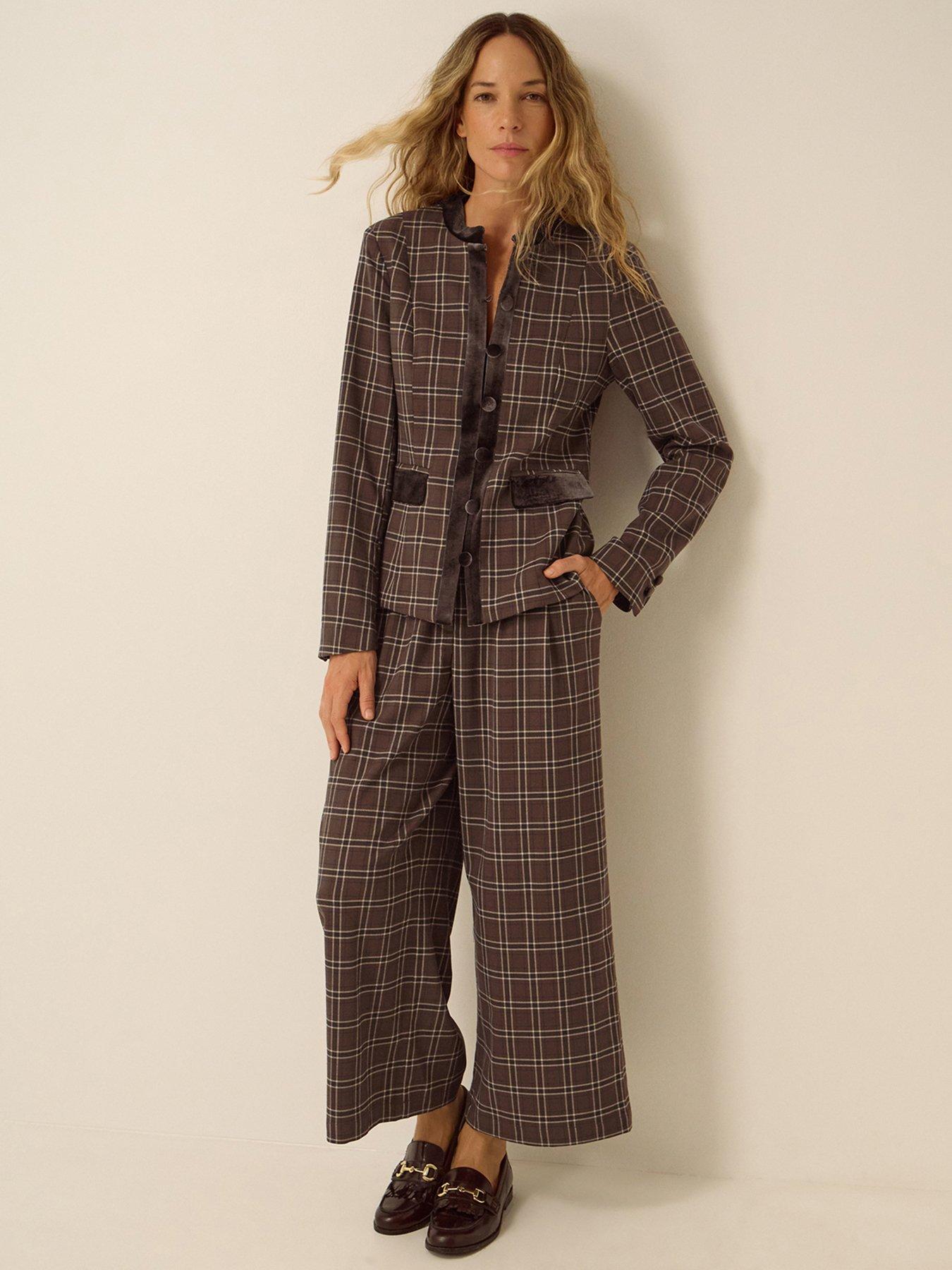 Image 4 of 6 of Monsoon Womens Gracie Checked Velvet-Trim Jacket - Brown