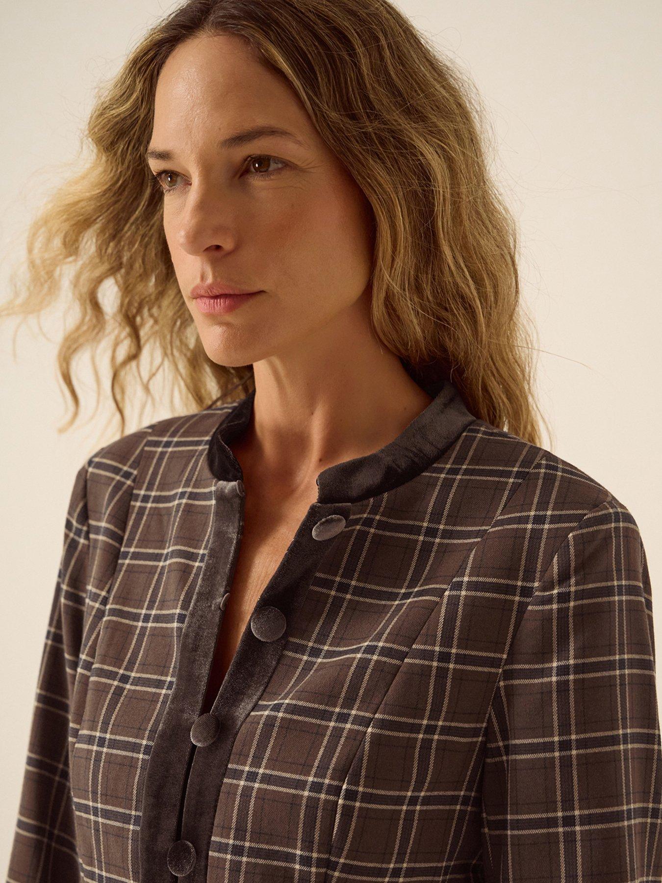 Image 5 of 6 of Monsoon Womens Gracie Checked Velvet-Trim Jacket - Brown