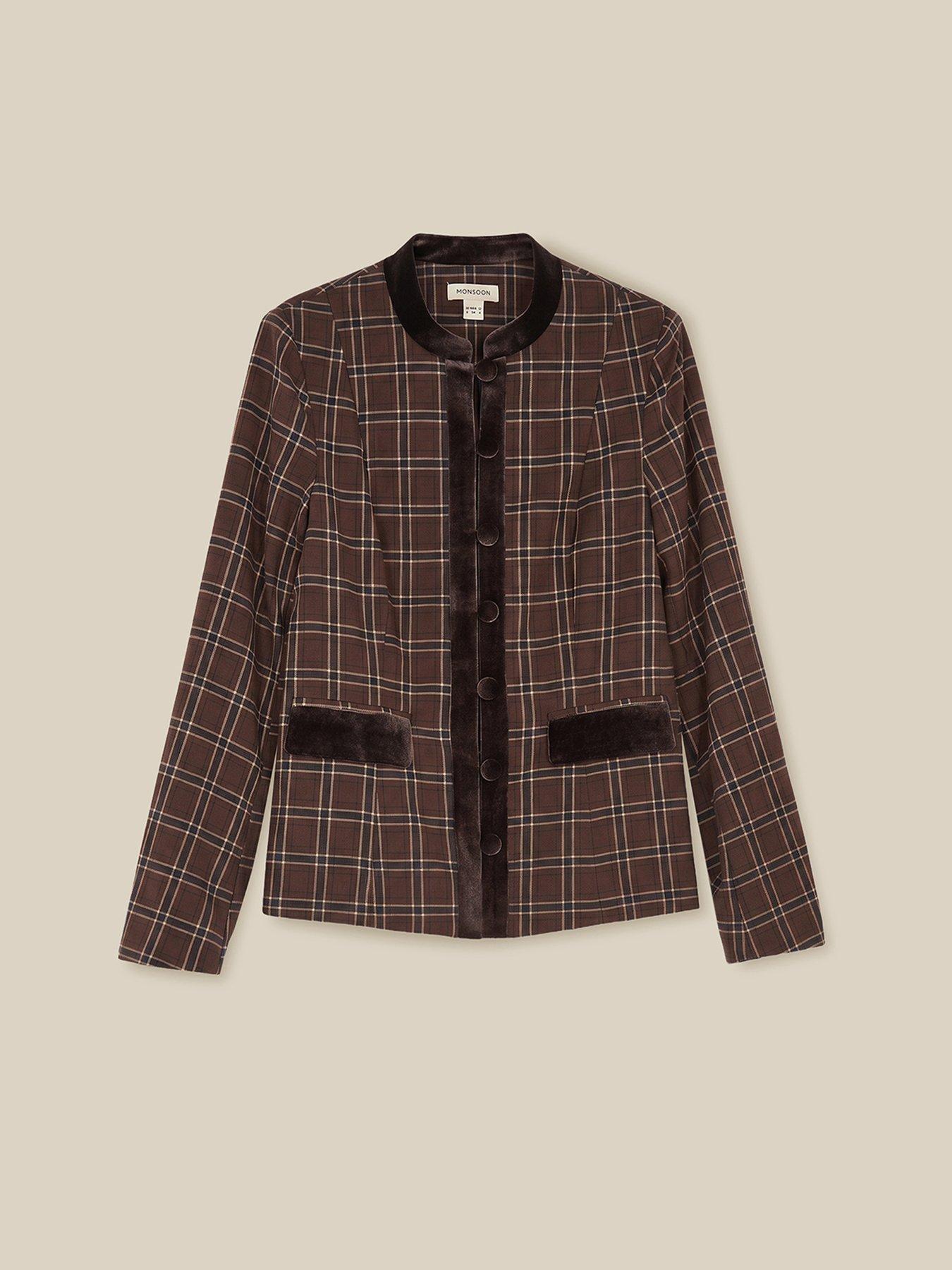 Image 6 of 6 of Monsoon Womens Gracie Checked Velvet-Trim Jacket - Brown