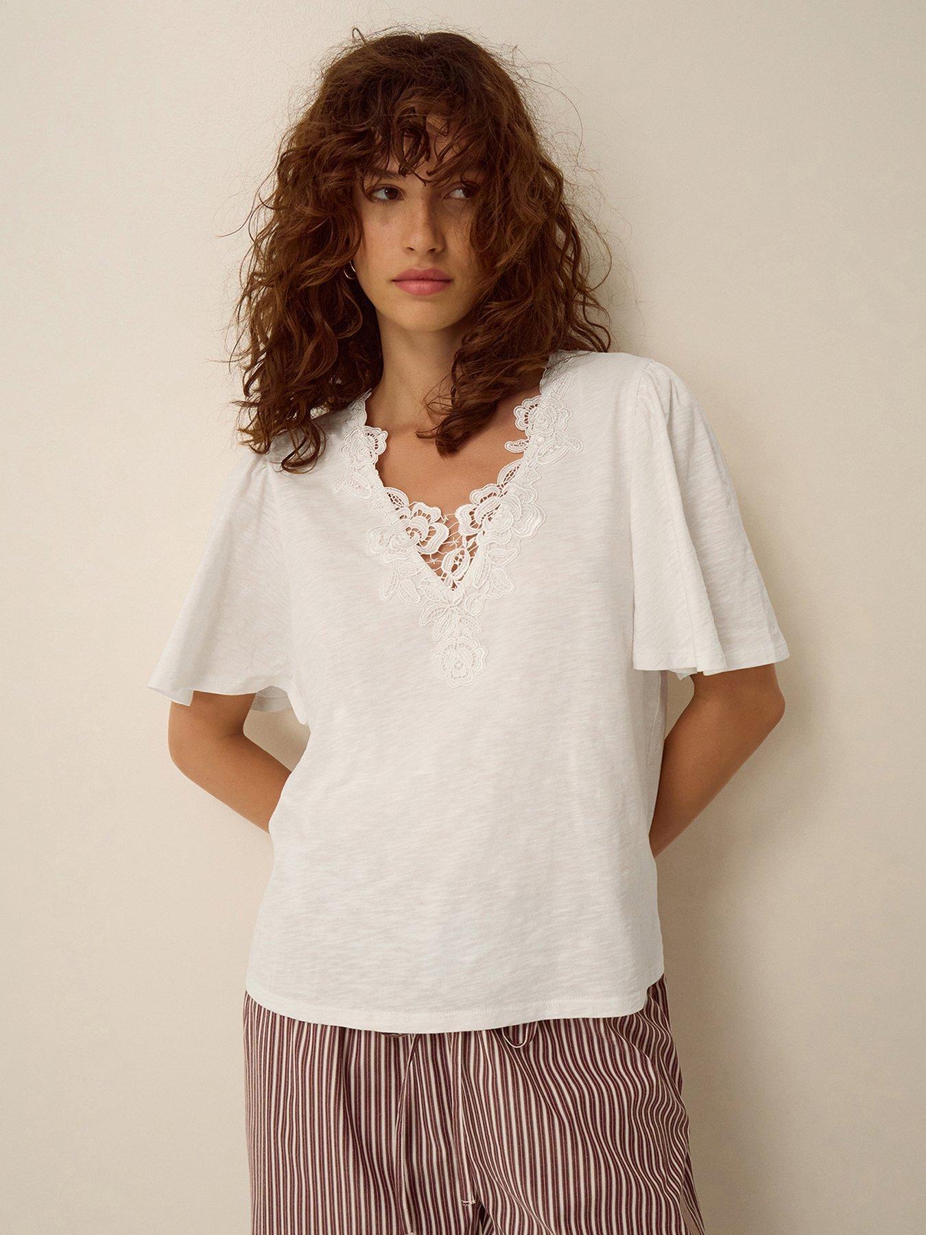 Image 1 of 4 of Monsoon Layla V Neck Lace Jersey Top - Ivory