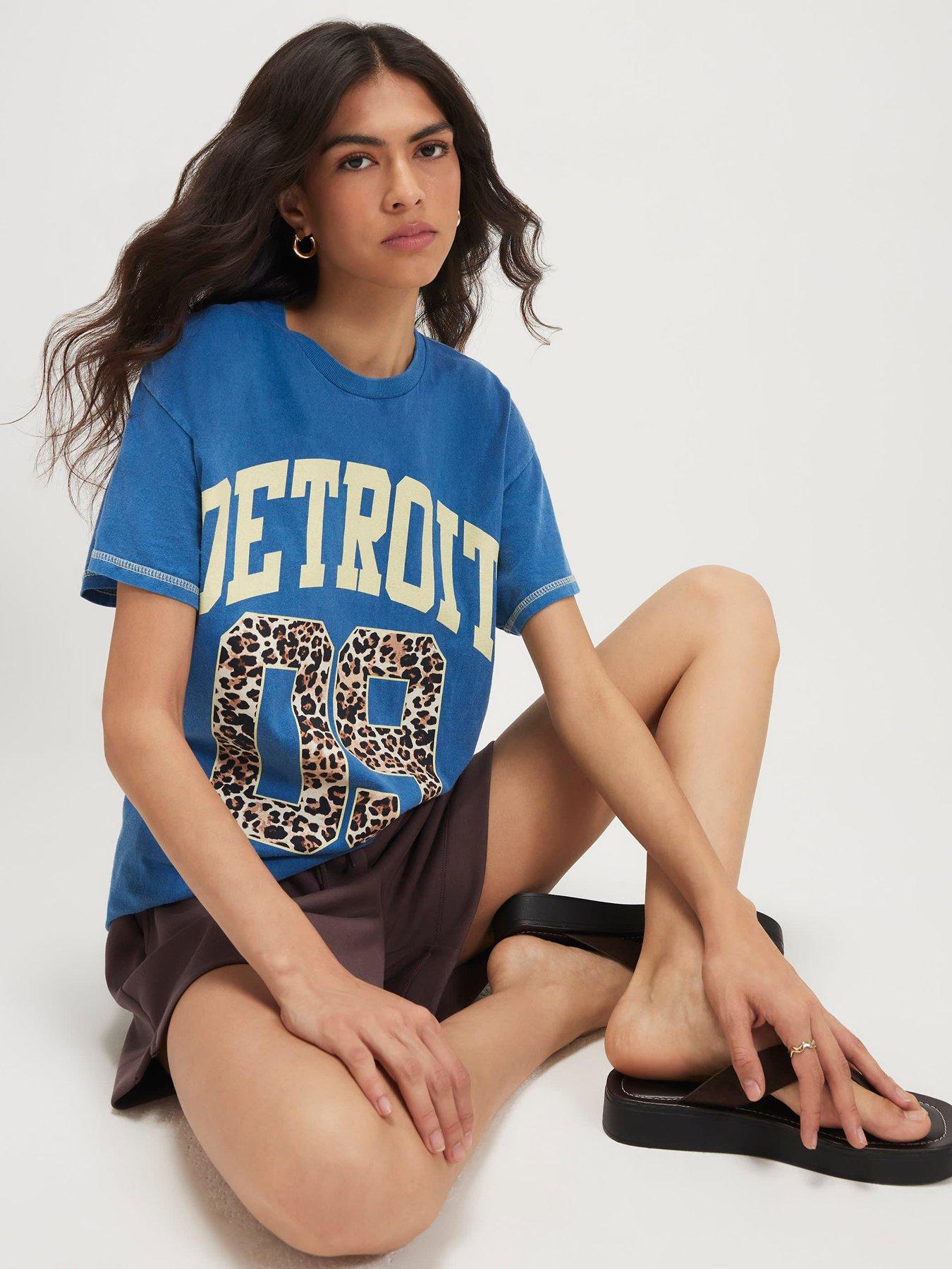 Image 1 of 5 of River Island Short Sleeve Detroit Print Boyfriend T-Shirt- Blue