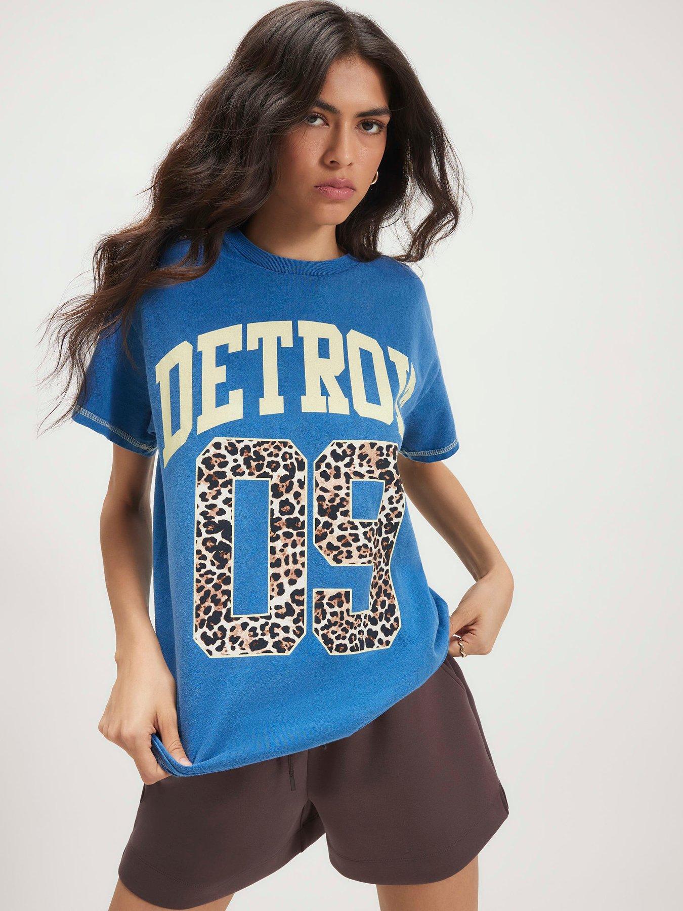 Image 4 of 5 of River Island Short Sleeve Detroit Print Boyfriend T-Shirt- Blue