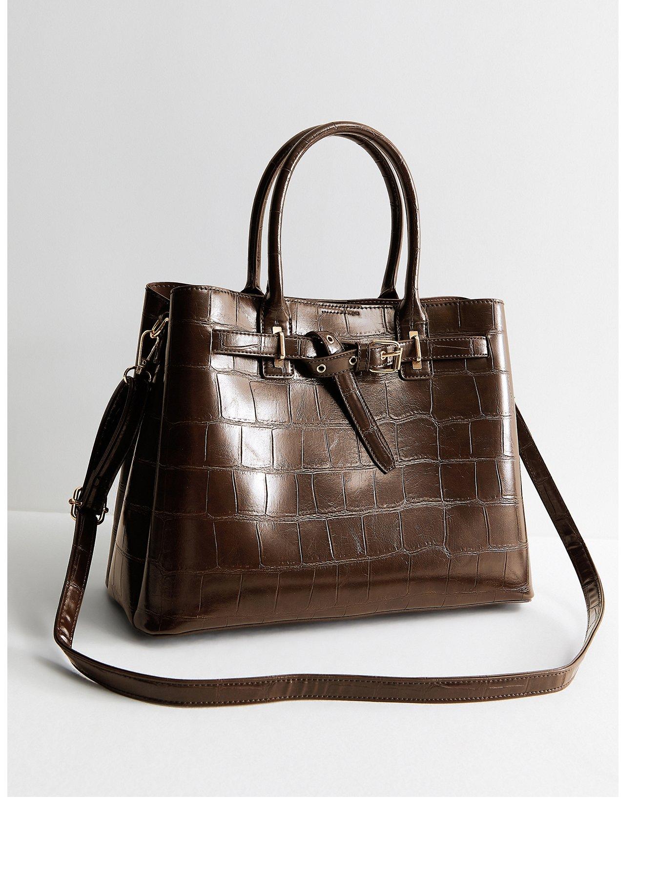 New Look Faux Leather Belted Crocodile Embossed Tote Bag - Brown