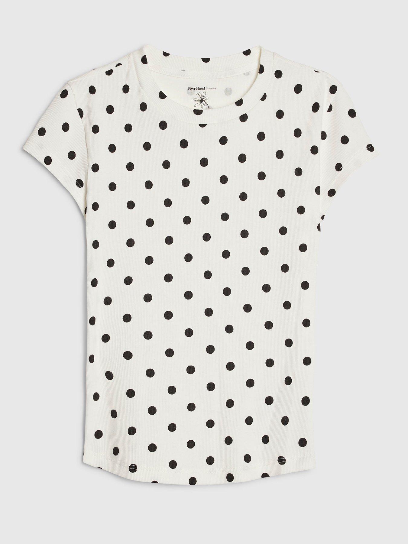 Image 5 of 6 of River Island Polka Dot Fitted Rib Baby Tee T-Shirt - White