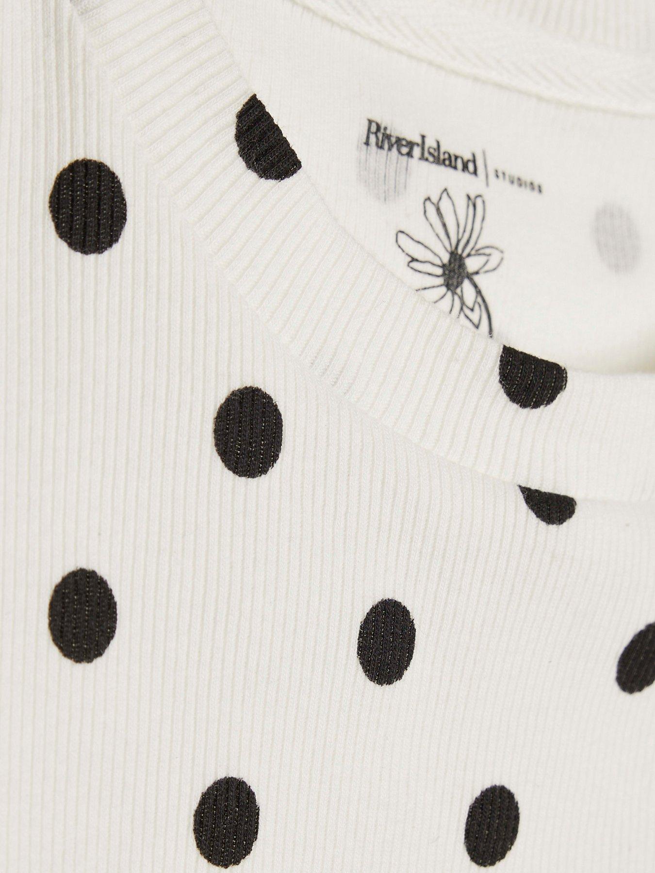 Image 6 of 6 of River Island Polka Dot Fitted Rib Baby Tee T-Shirt - White