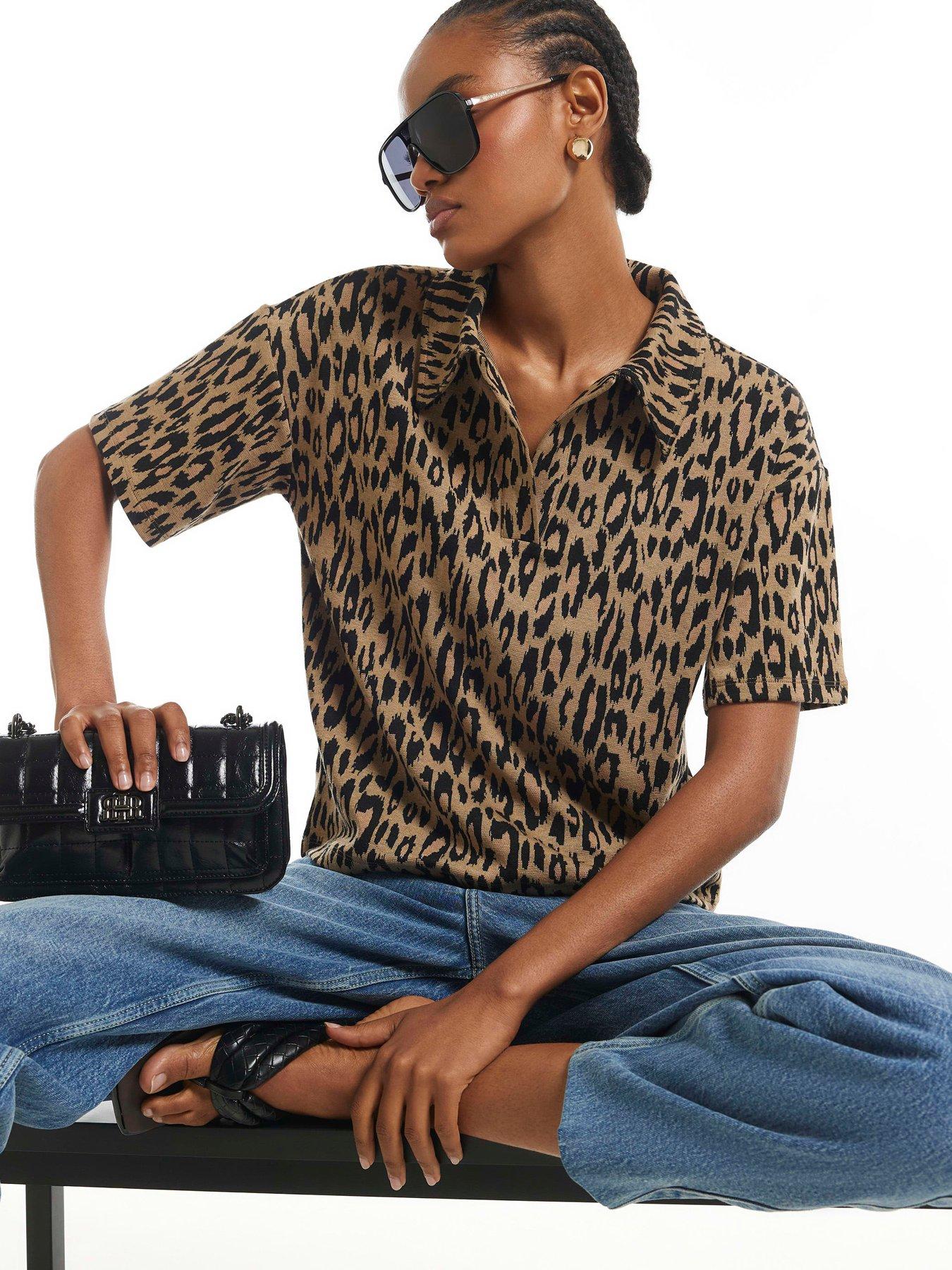 River Island Leopard Print Jacquard Polo Top - Brown