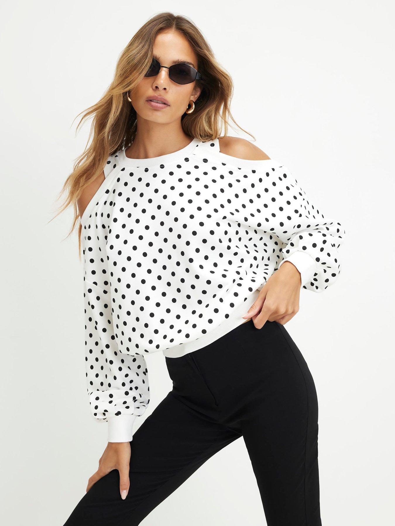 River Island Long Sleeve Cold Shoulder Sweat Polka in Cream