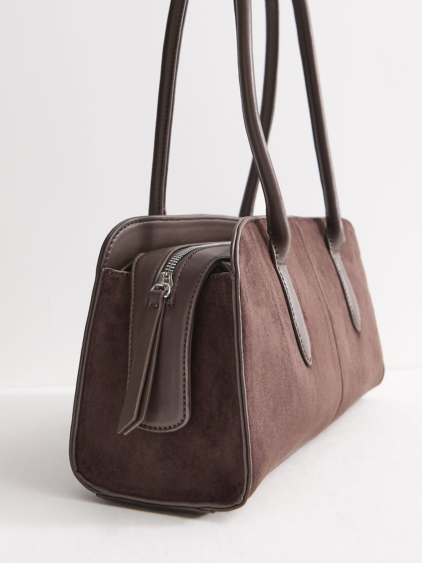 Image 3 of 5 of New Look Womens Mixed Texture Zip-Top Structured Shoulder Bag - Brown