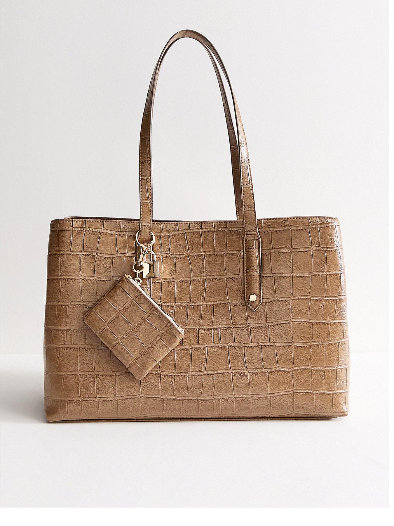 New Look Faux Leather Crocodile Embossed Triple Compartment Shopper Tote Bag - Brown