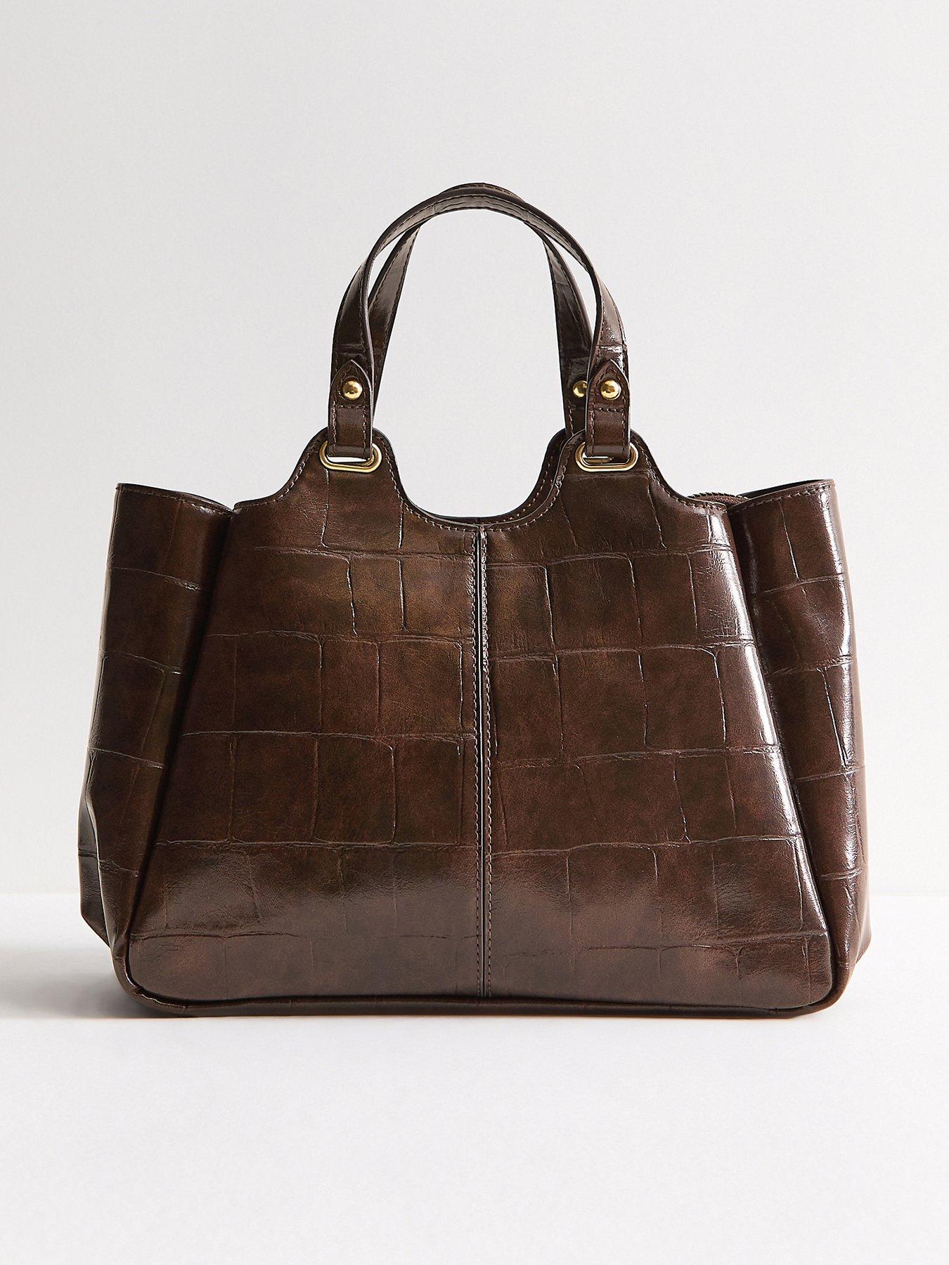 New Look Dark Brown Faux Leather Crocodile Embossed Mini Shopper Tote Bag