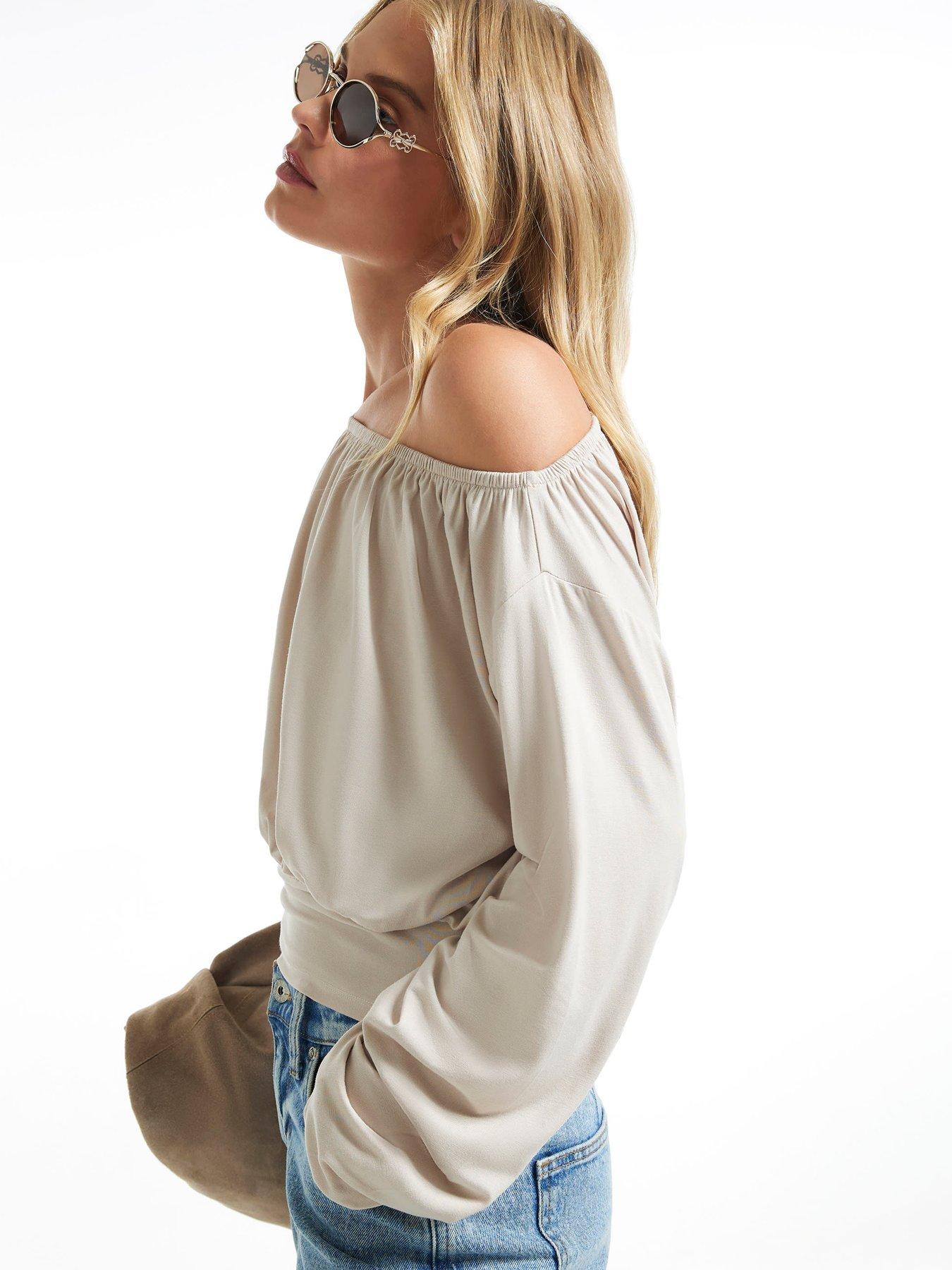 Image 4 of 6 of River Island Long Sleeve Ruched Neck Top - Beige