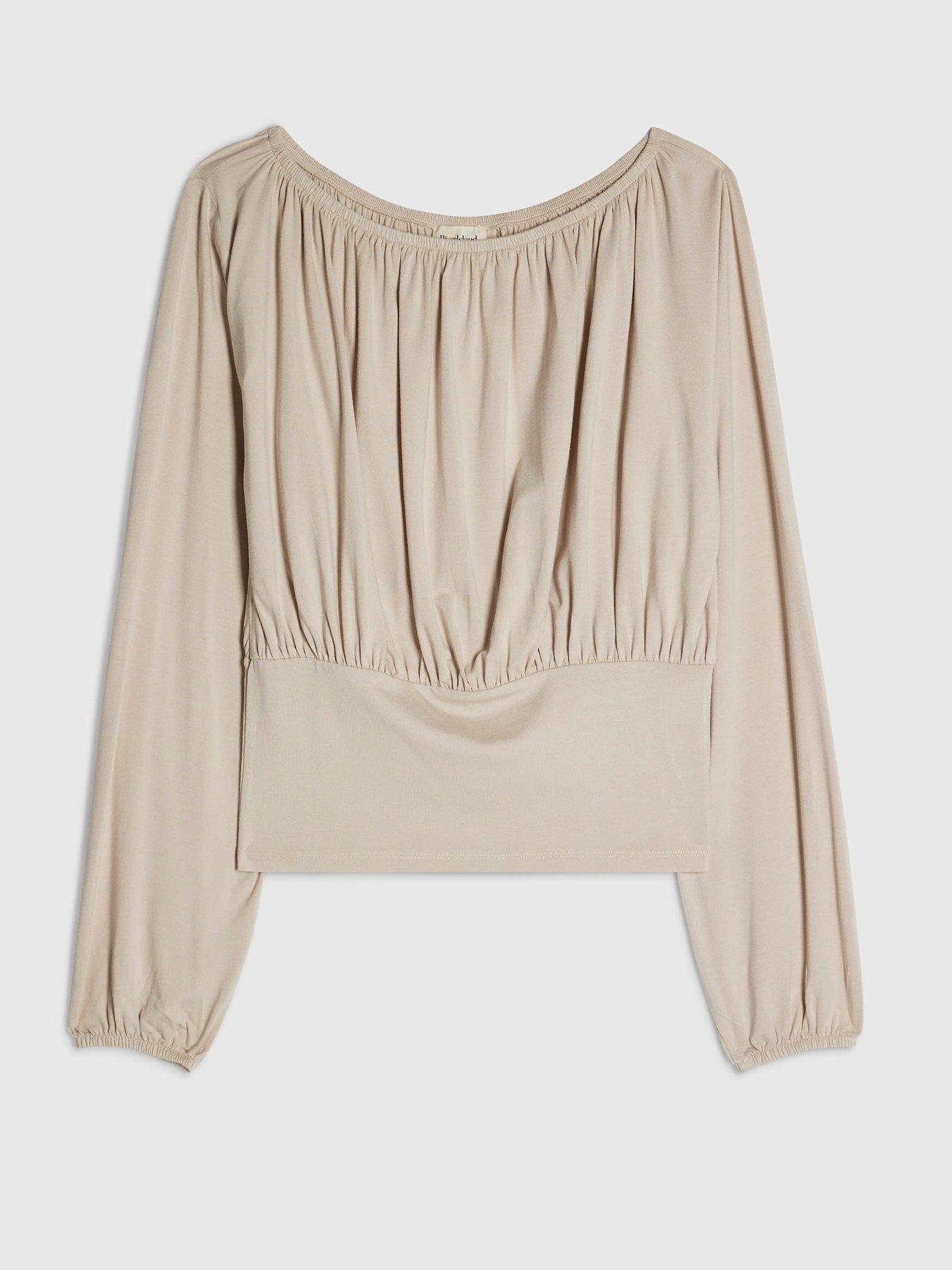 Image 5 of 6 of River Island Long Sleeve Ruched Neck Top - Beige