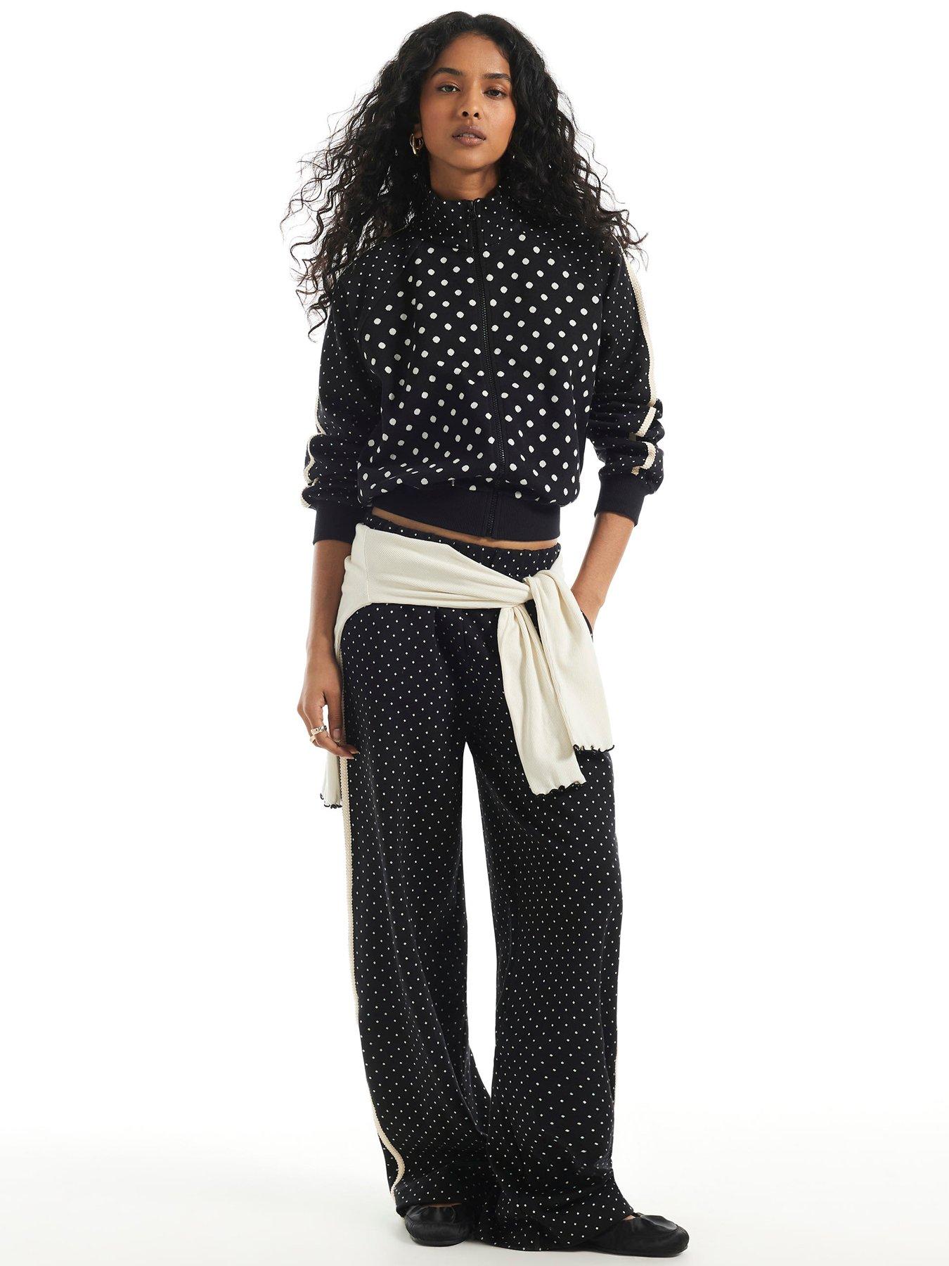 Image 3 of 6 of River Island Long Sleeve Polka Dot Jacquard Track Jacket Coord - Black