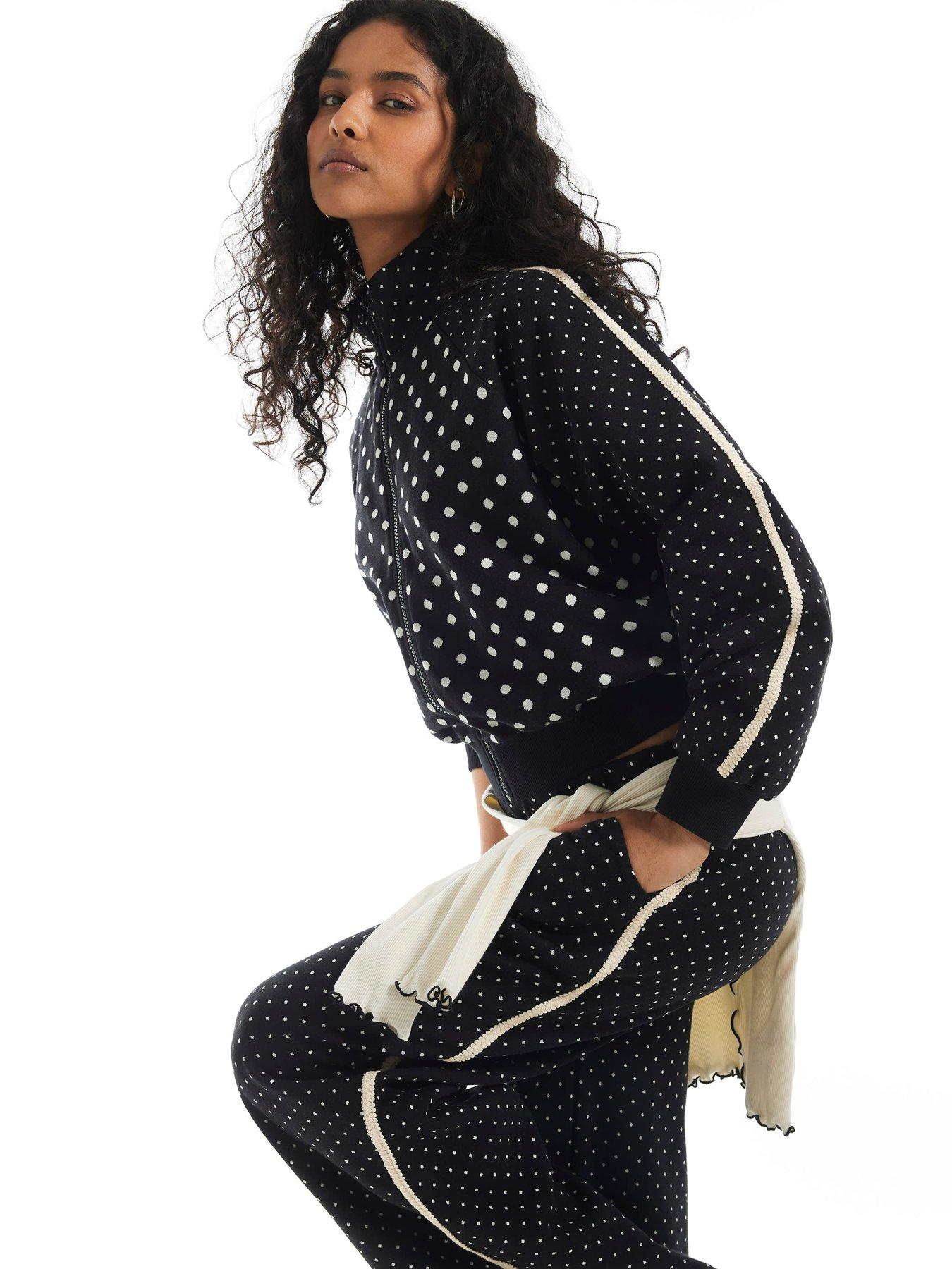 Image 4 of 6 of River Island Long Sleeve Polka Dot Jacquard Track Jacket Coord - Black