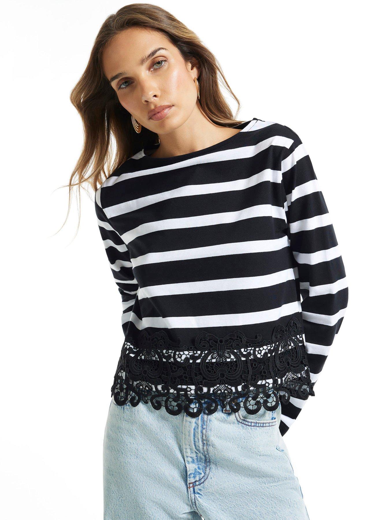 River Island Womens Striped Lace Hem Long Sleeve Blouse - Black