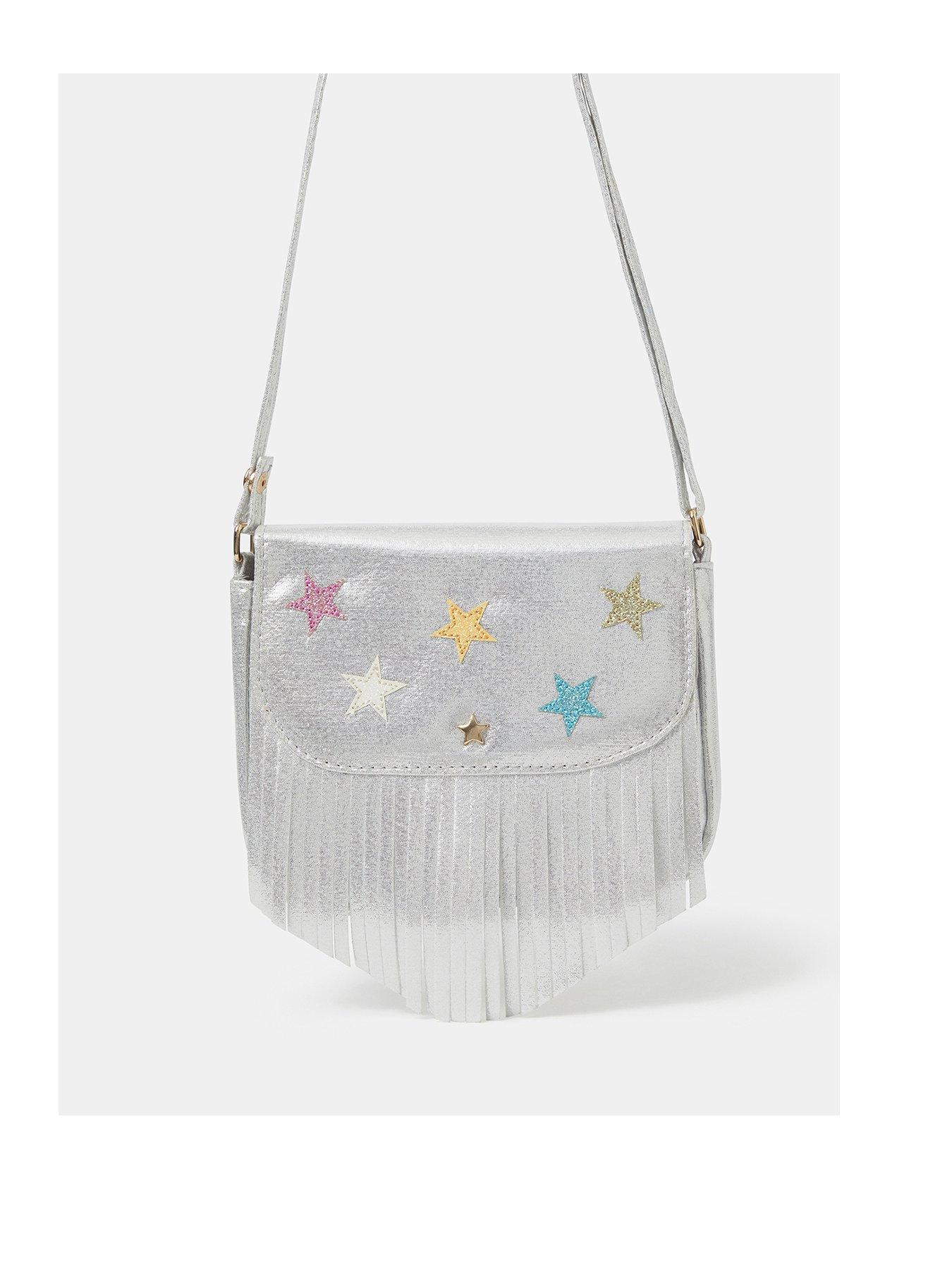 Image 1 of 4 of Accessorize Girls Metallic Fringe Star Crossbody Bag - Silver