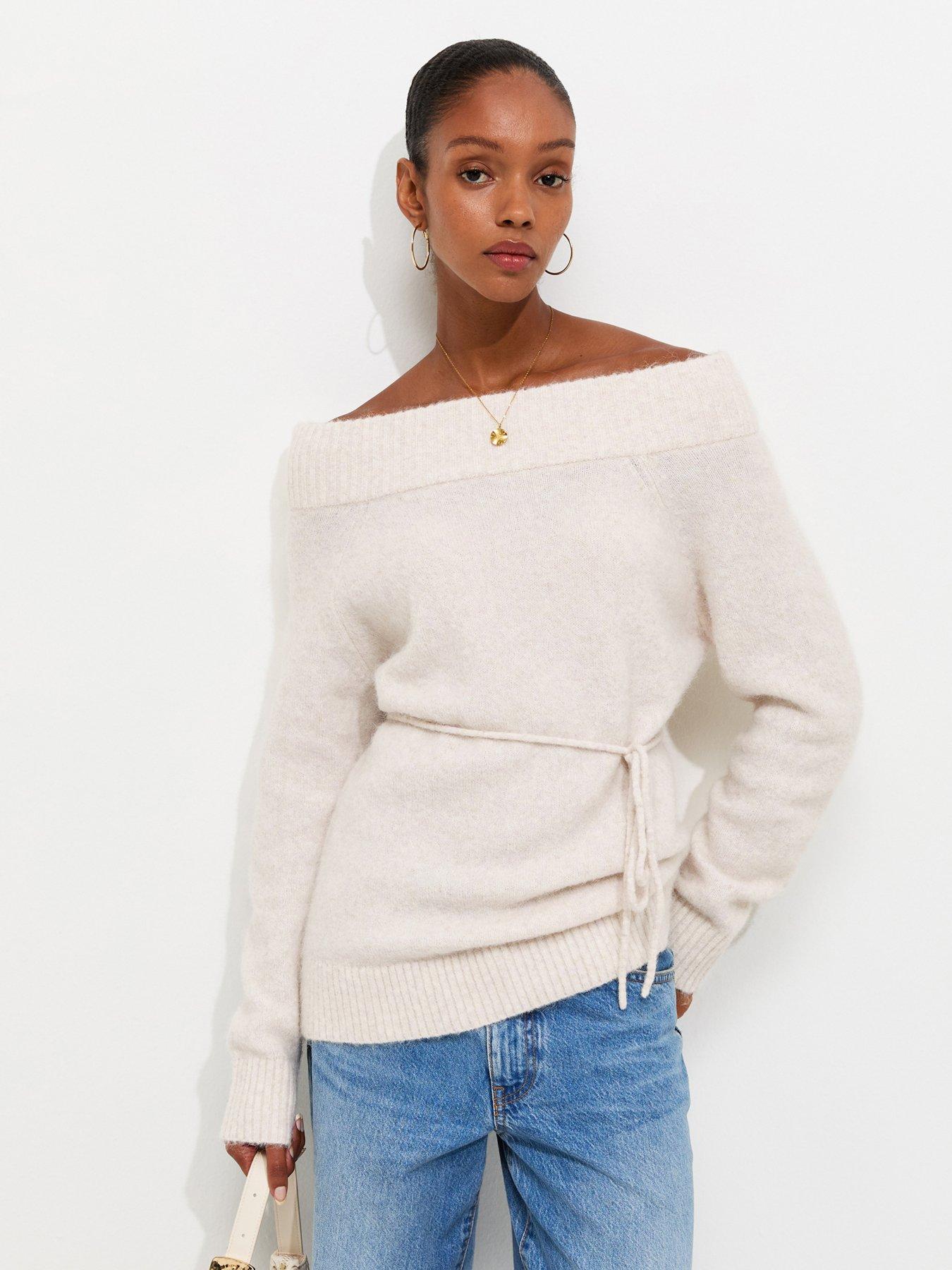 New Look Knitted Bardot Tie Waist Top - Cream