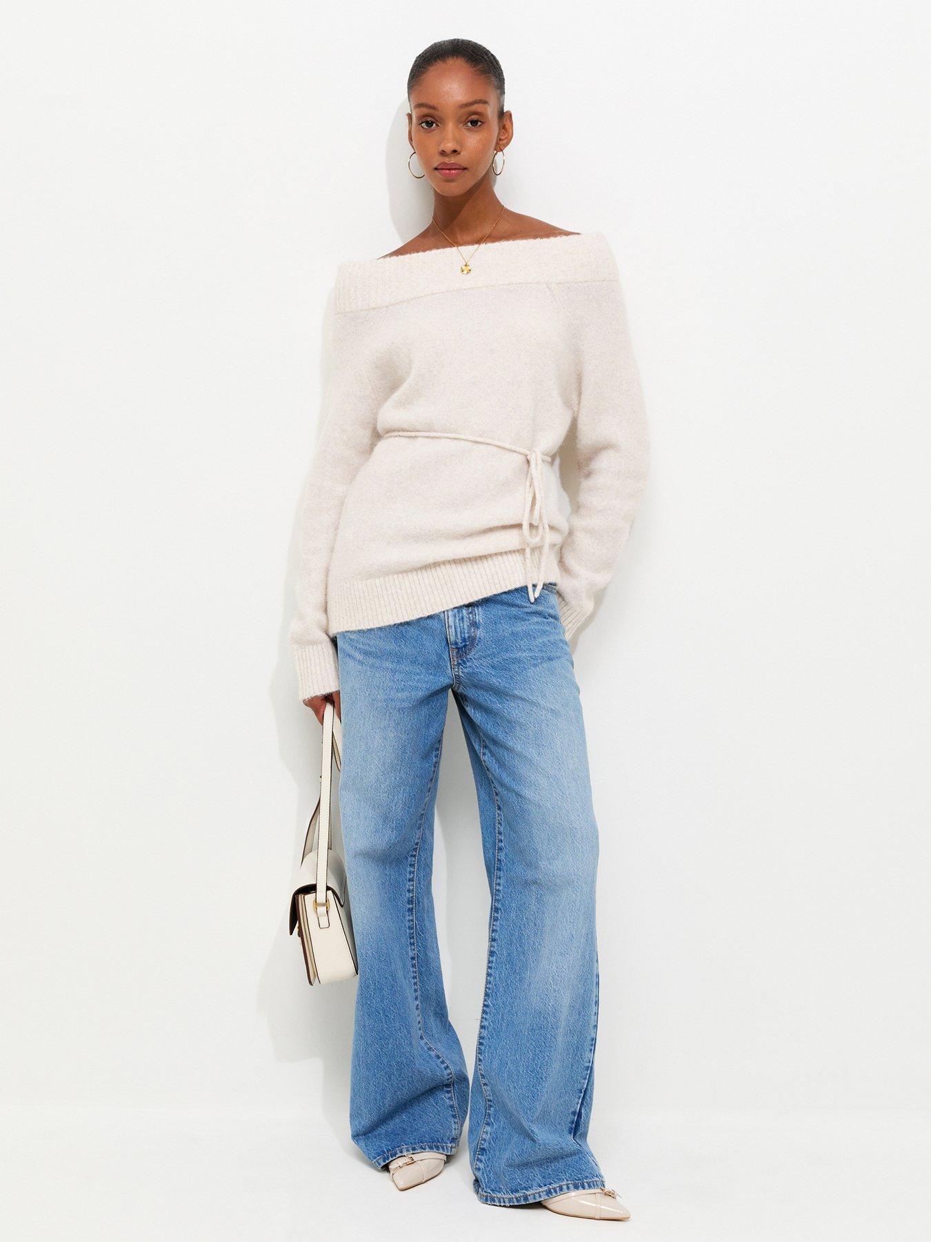 Image 3 of 5 of New Look Knitted Bardot Tie Waist Top - Cream