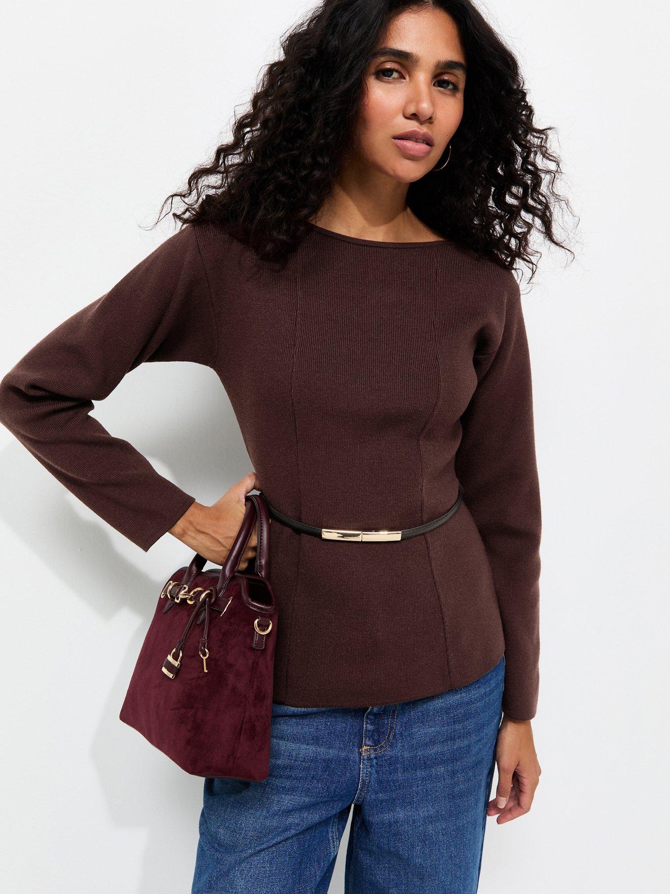 New Look Belted Slash Neck Jumper - Brown