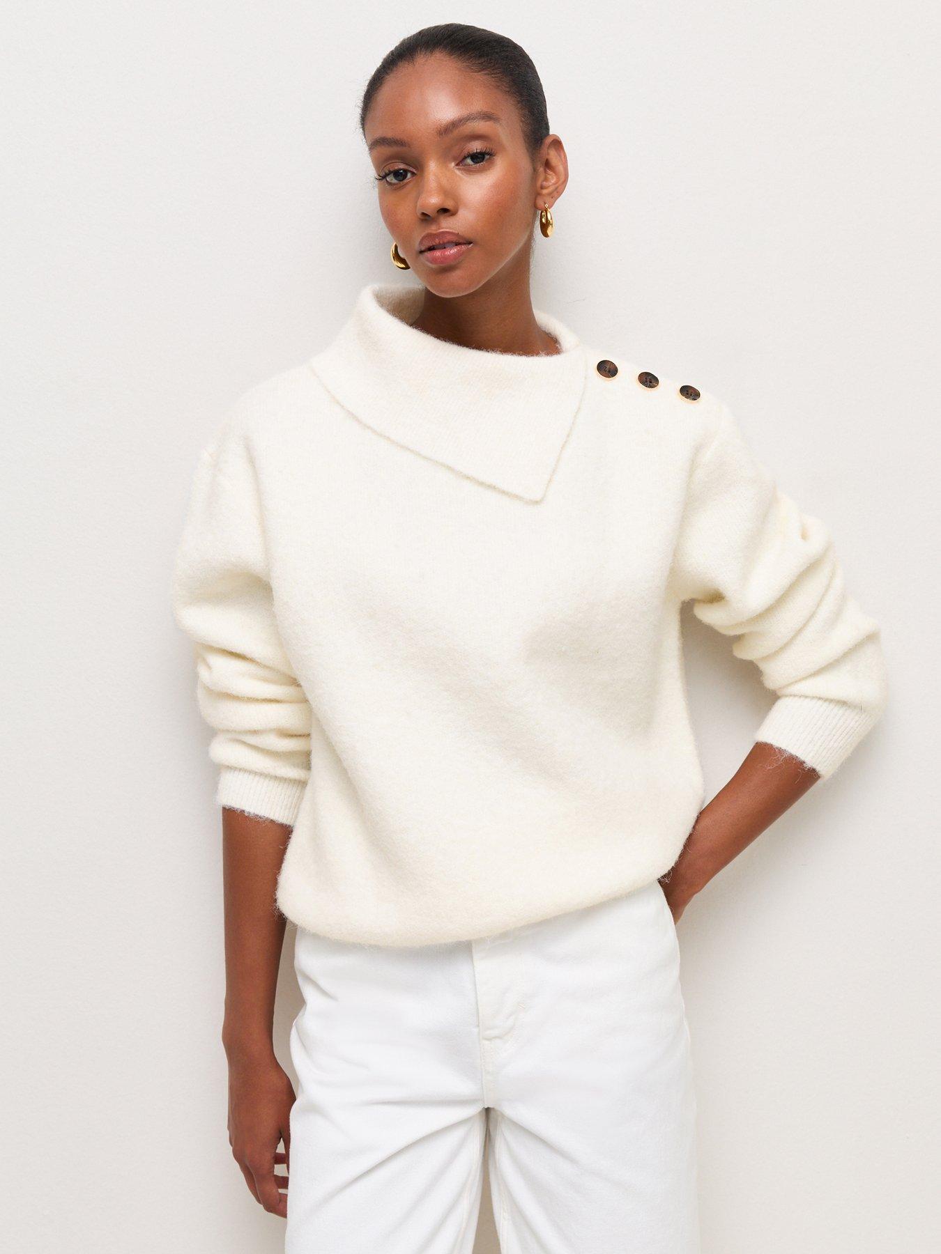 Image 1 of 6 of New Look Cream Asymmetric Collar Button Shoulder Knitted Jumper