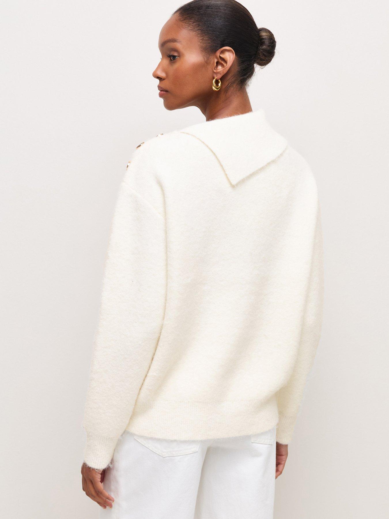 Image 2 of 6 of New Look Cream Asymmetric Collar Button Shoulder Knitted Jumper