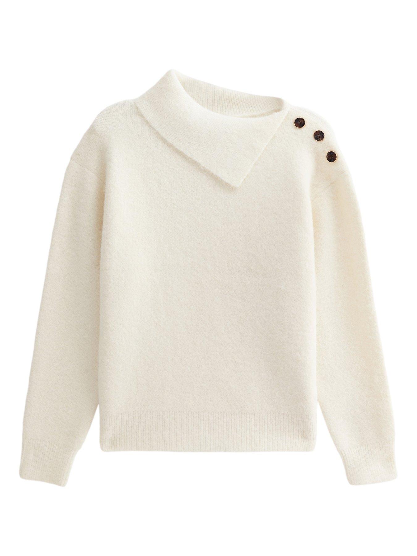 Image 6 of 6 of New Look Cream Asymmetric Collar Button Shoulder Knitted Jumper
