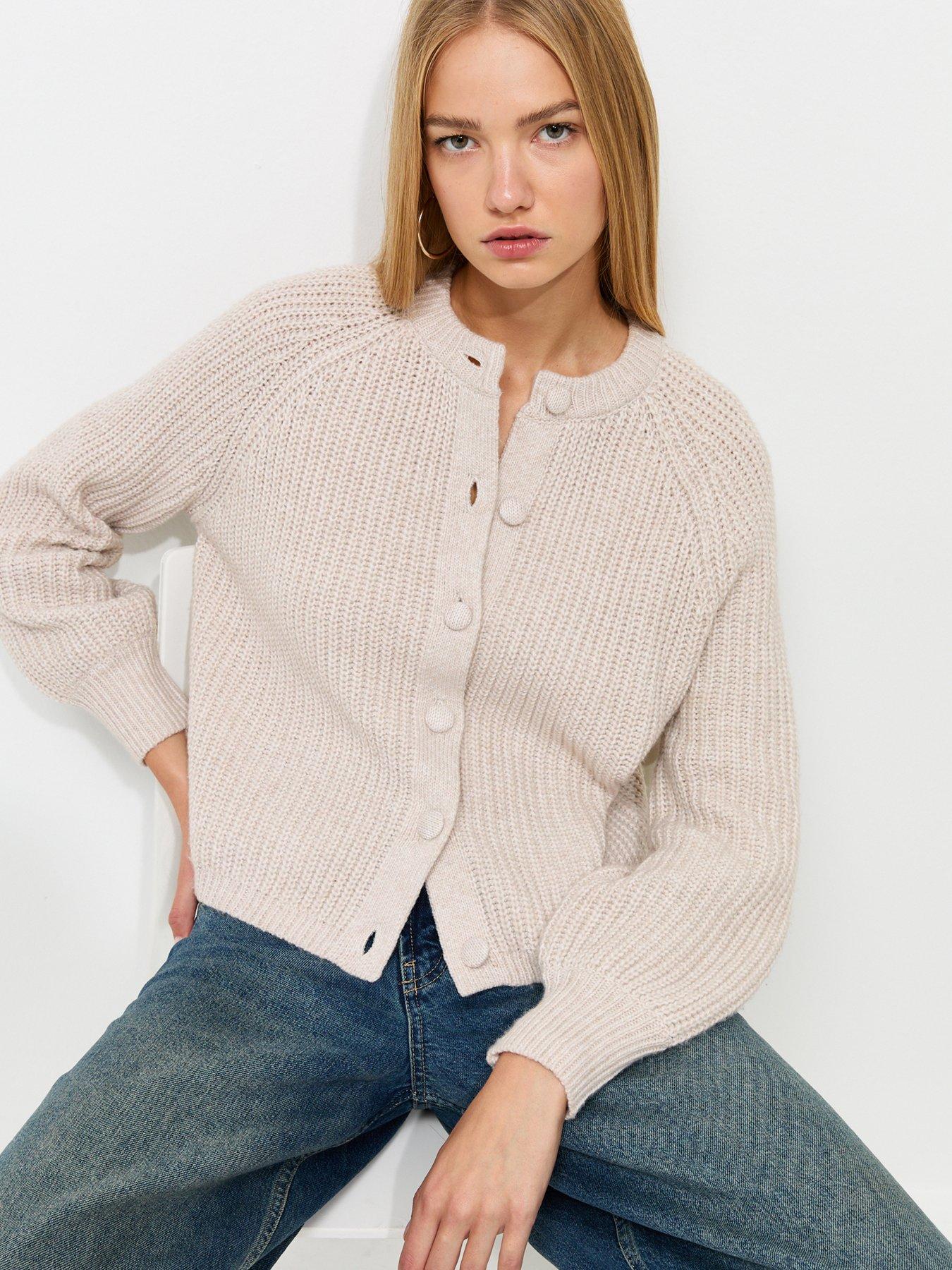 New Look Ribbed Raglan Crew Neck Cardigan - Beige