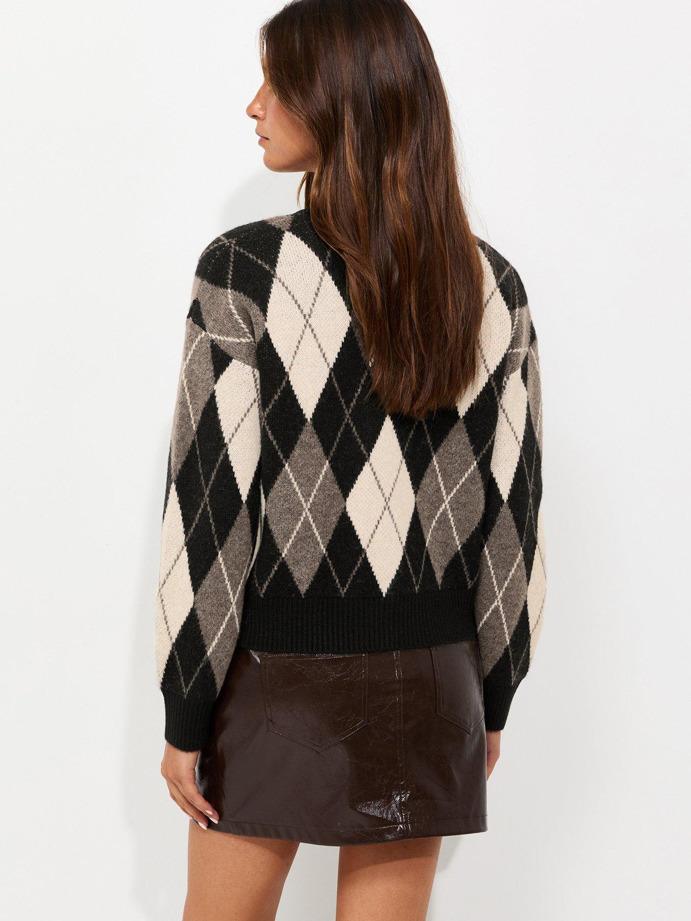 Image 2 of 6 of New Look Womens Argyle Button-Through Crew Neck Cardigan - Black