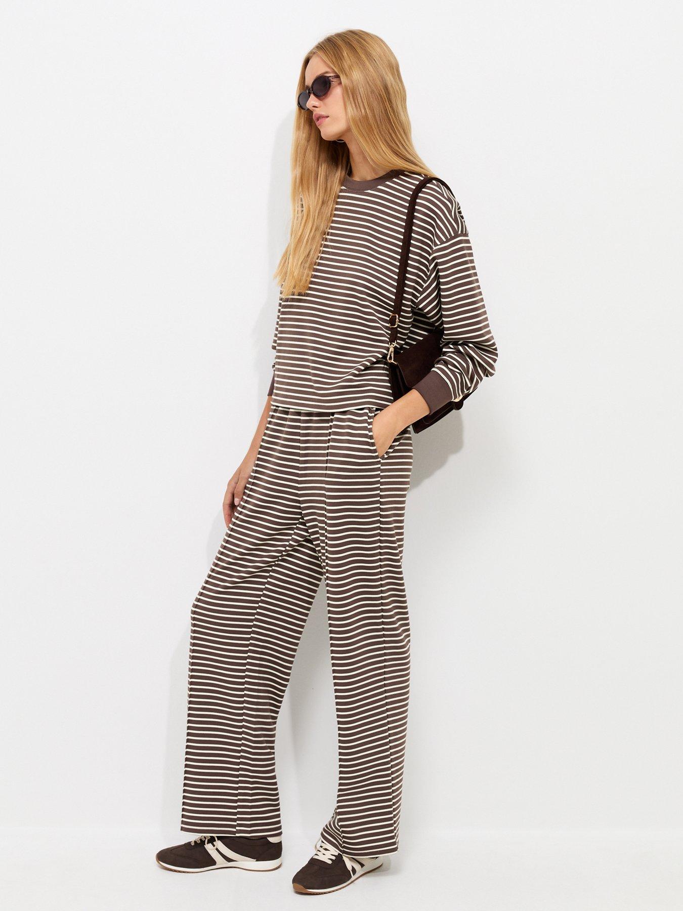 Image 1 of 5 of New Look Womens Wide Leg Striped Elasticated Jogger Trousers - Brown
