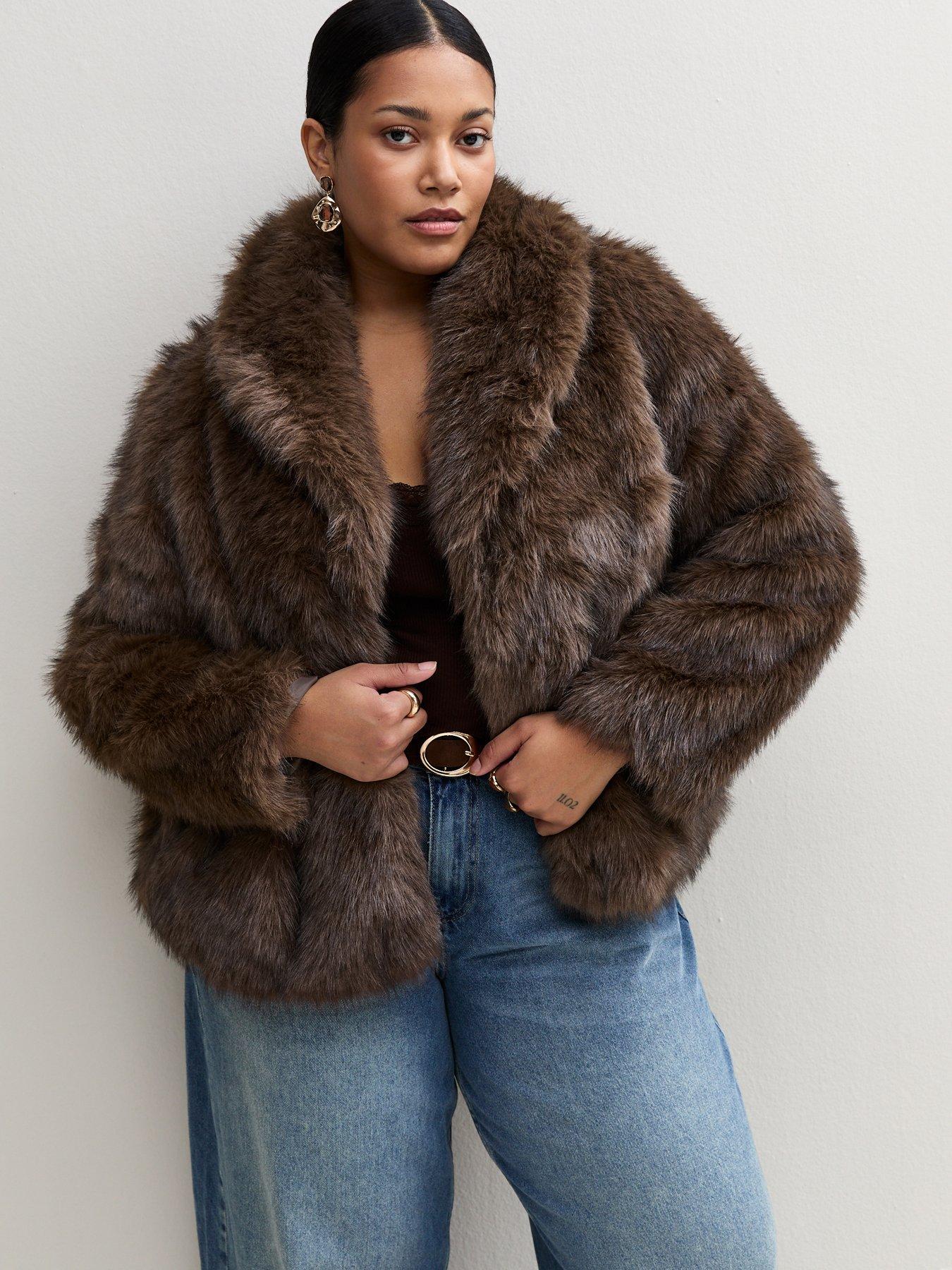 Image 1 of 6 of New Look Womens Curves Brown Faux Fur Short Jacket
