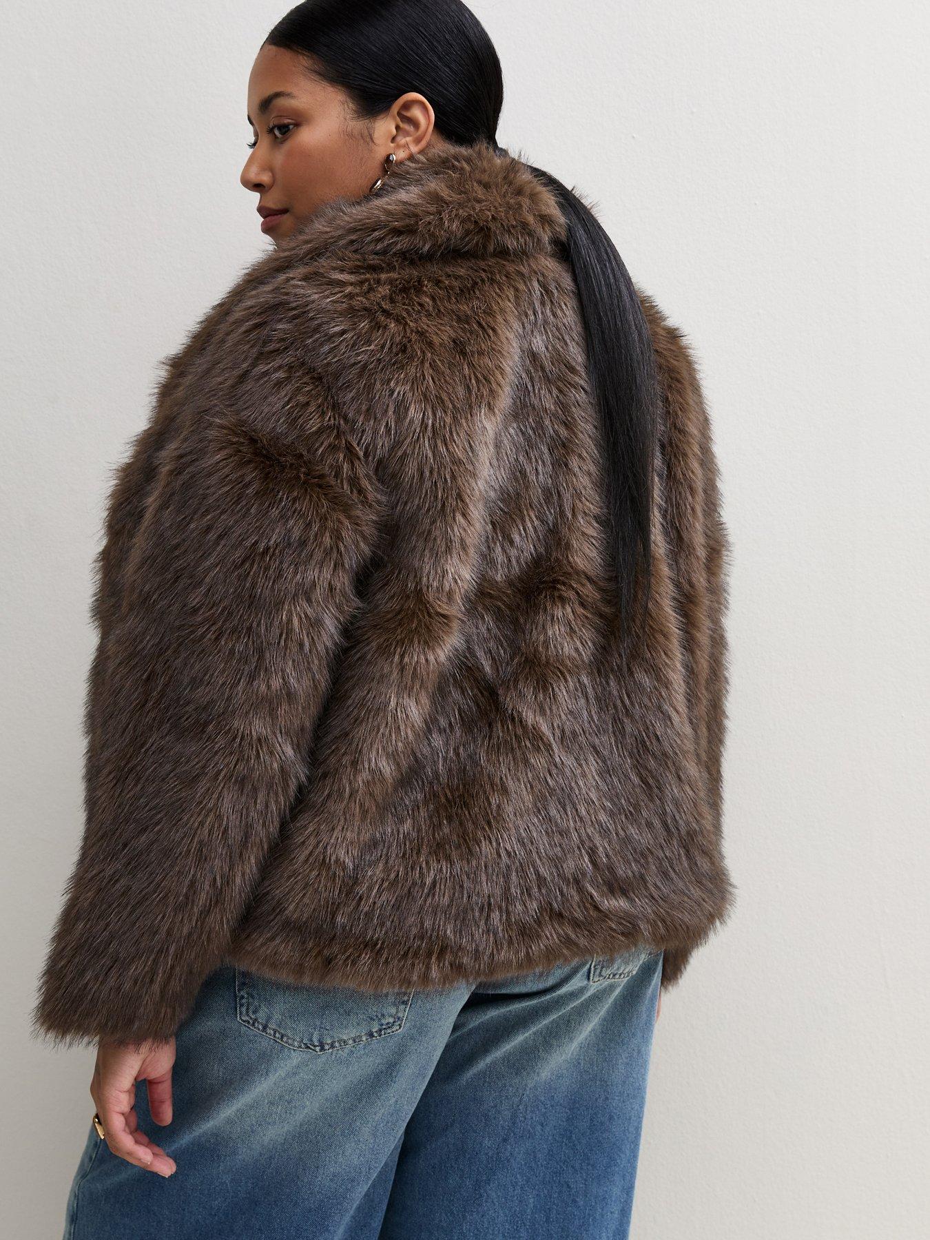 Image 2 of 6 of New Look Womens Curves Brown Faux Fur Short Jacket