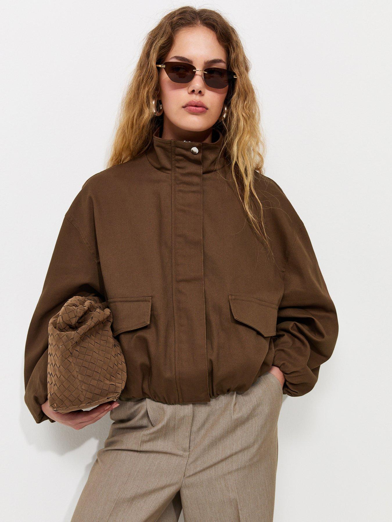 Image 1 of 7 of New Look High Neck Bubble Hem Short Jacket - Brown