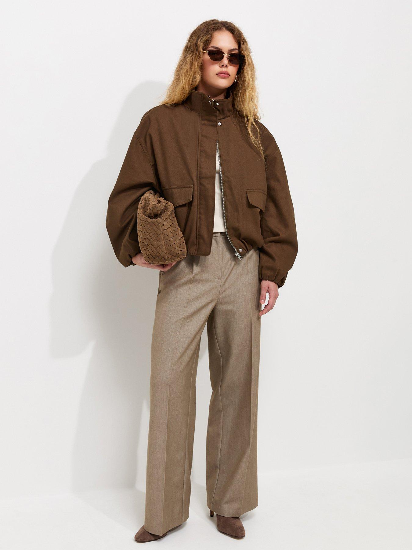 Image 3 of 7 of New Look High Neck Bubble Hem Short Jacket - Brown