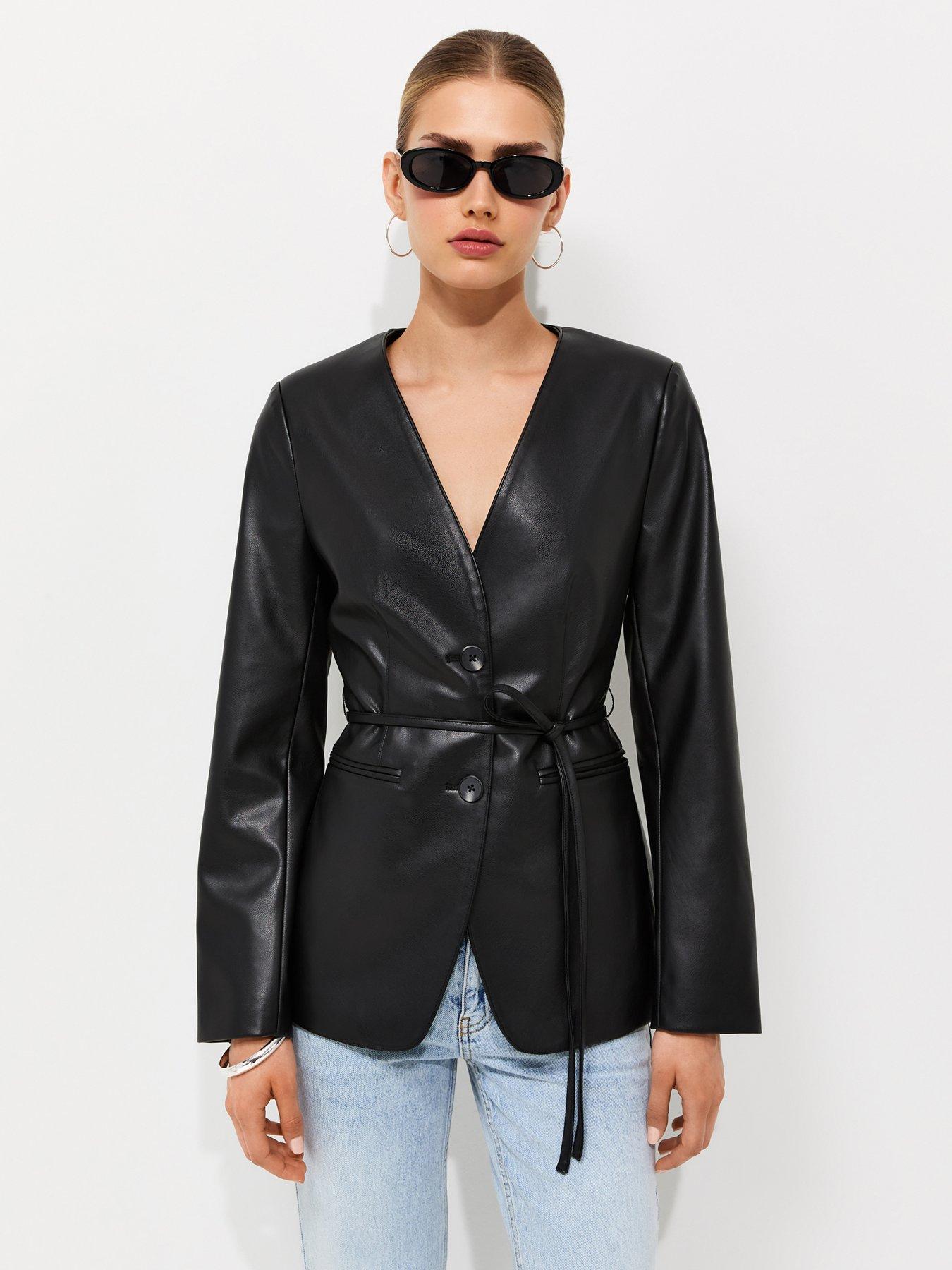 New Look Black Faux Leather Collarless Tie Waist Blazer