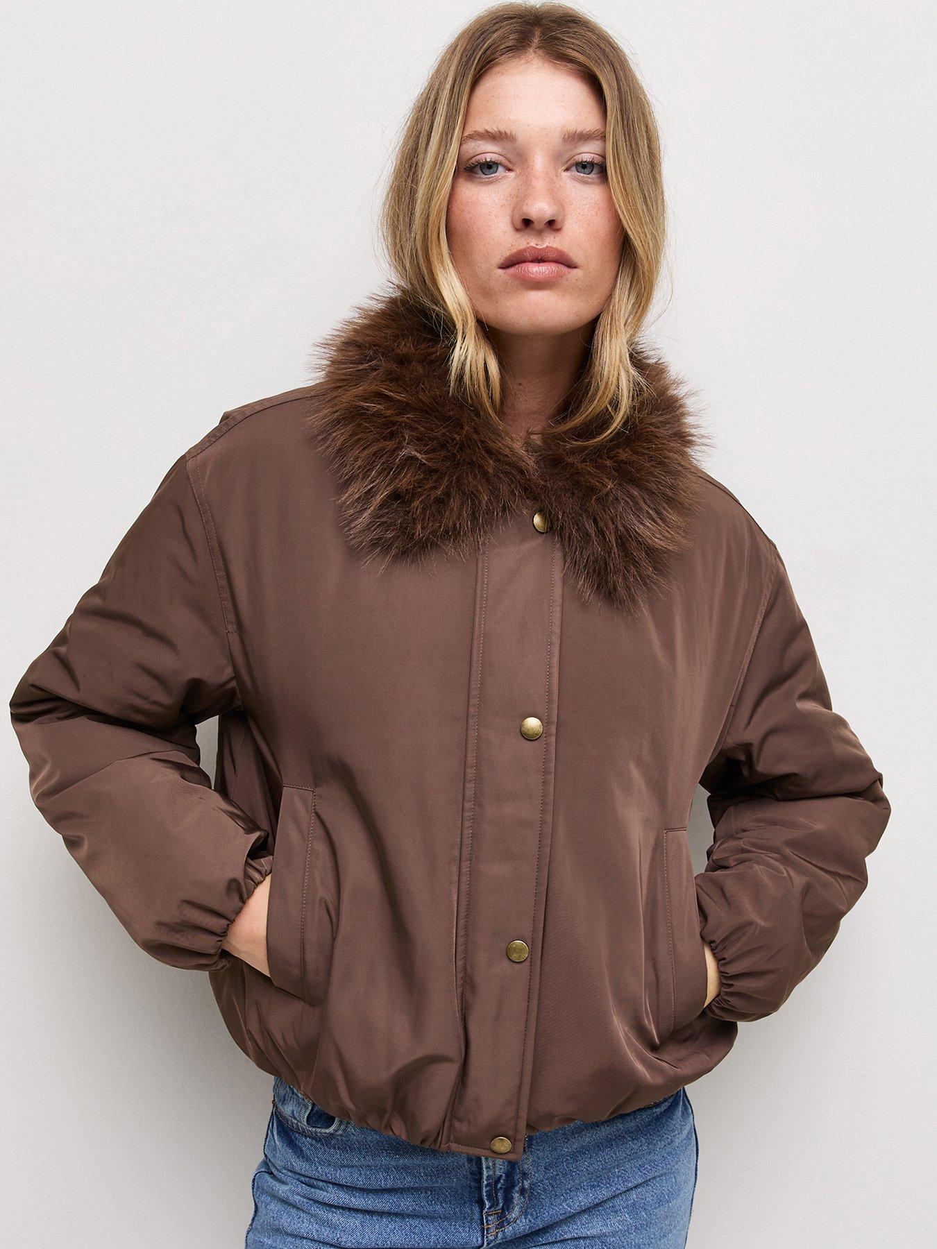 Image 1 of 7 of New Look Dark Brown Faux Fur Collar Bomber Jacket