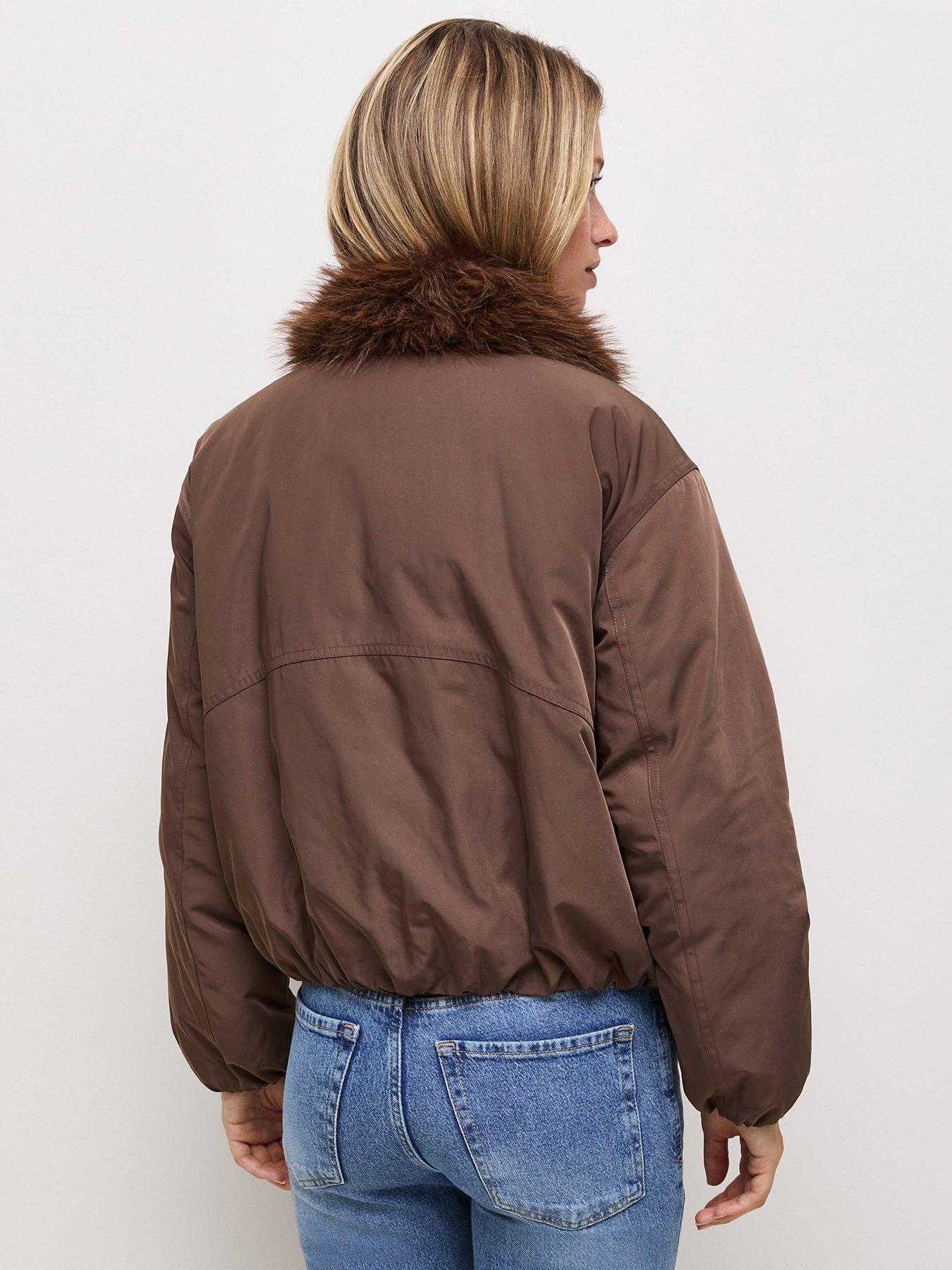 Image 2 of 7 of New Look Dark Brown Faux Fur Collar Bomber Jacket